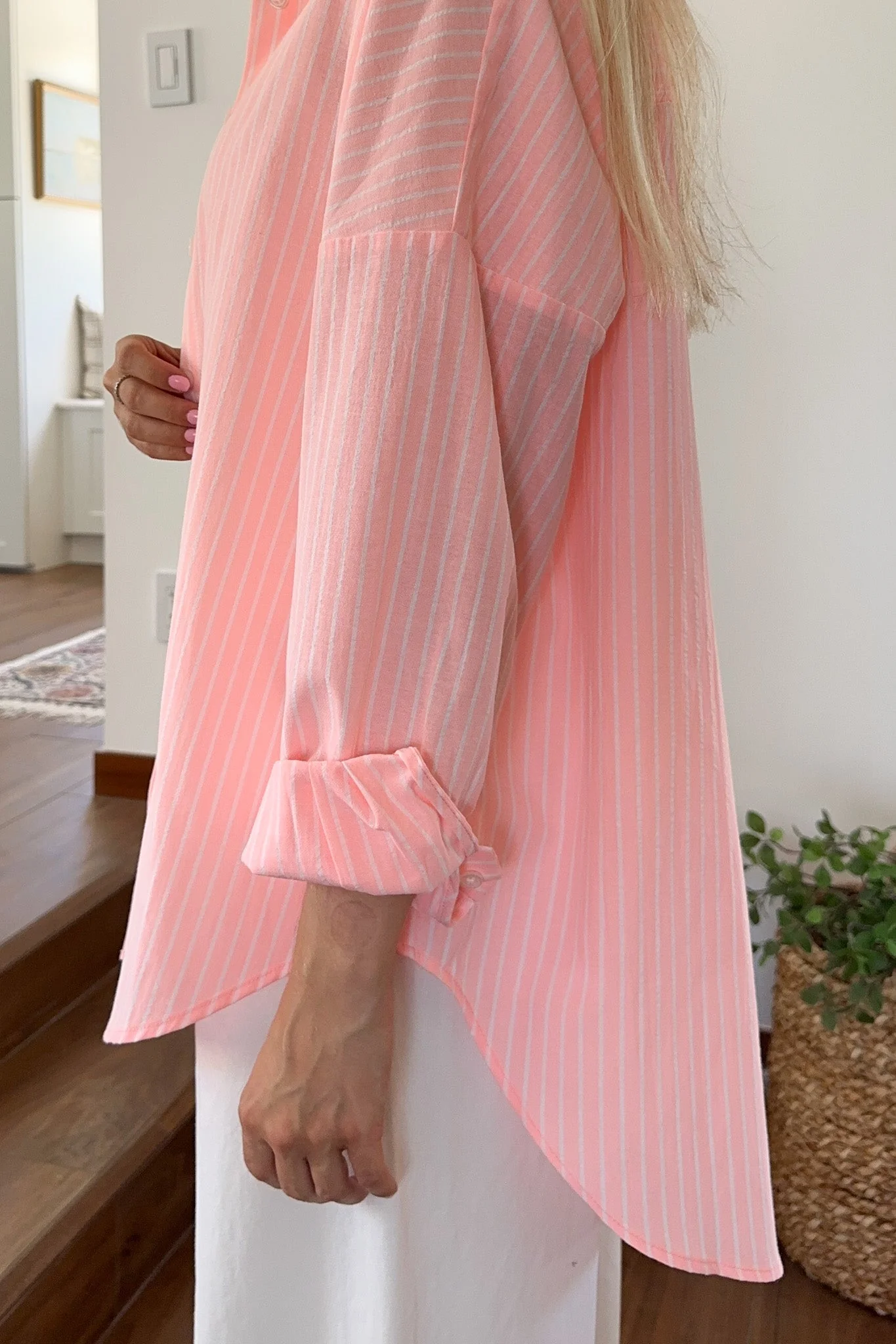 Estelle Striped Button Down in Coral Pink and White - Image 3