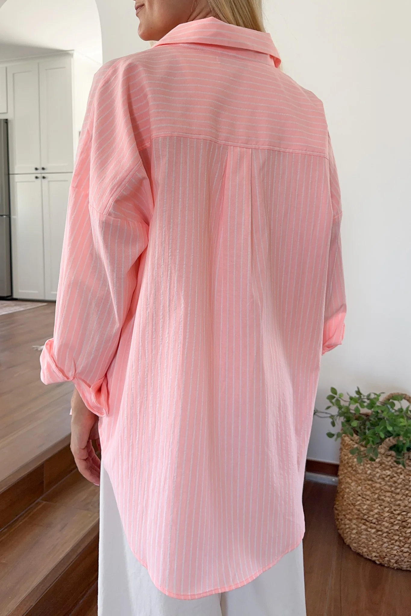 Estelle Striped Button Down in Coral Pink and White - Image 5