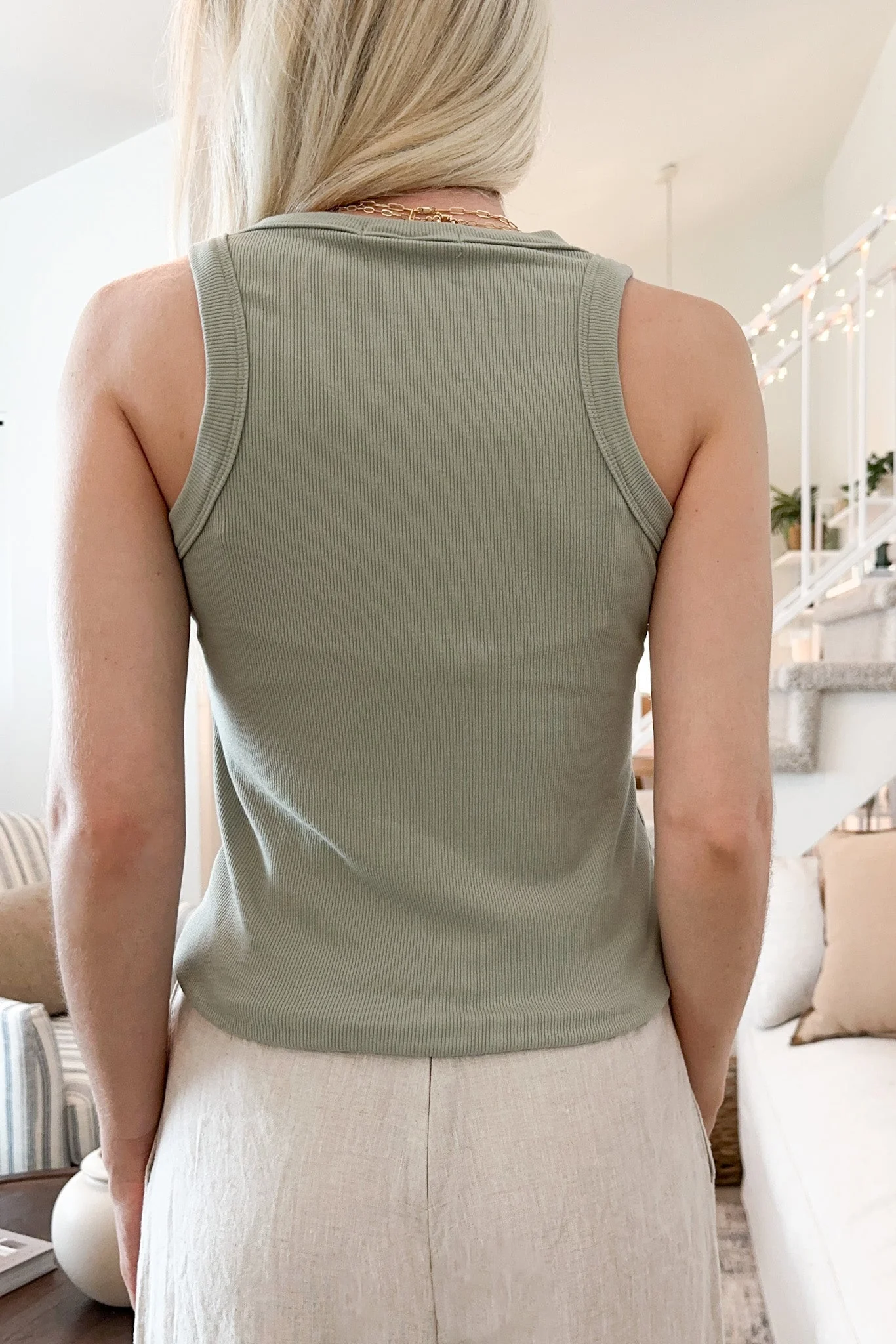 Everly Long Ribbed Knit Tank Top in Sage - Image 6