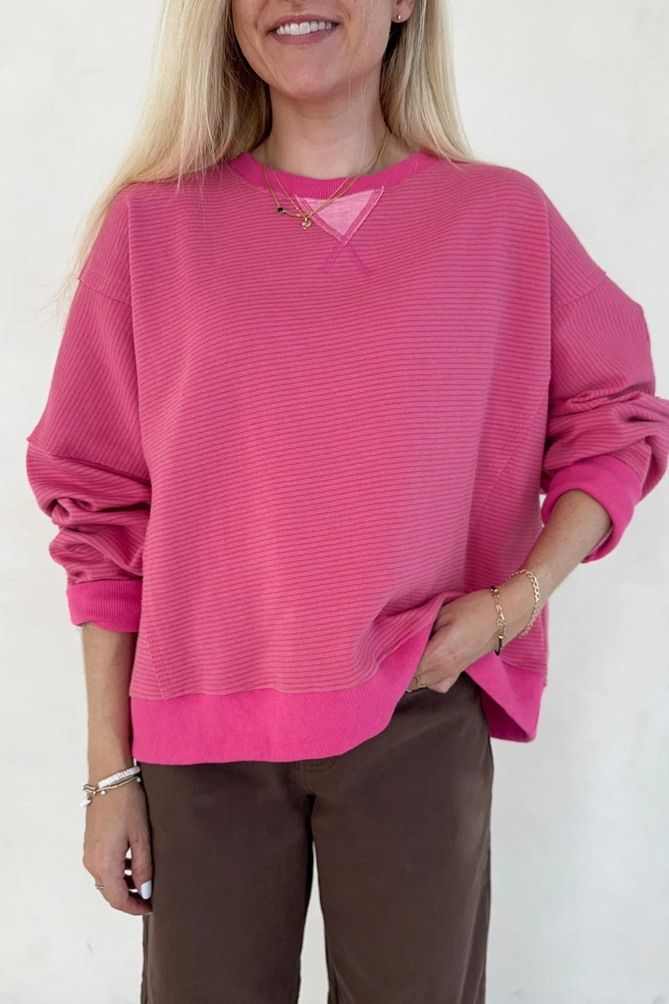 Fall Break Hibiscus and Mocha Striped Pullover - Image 3