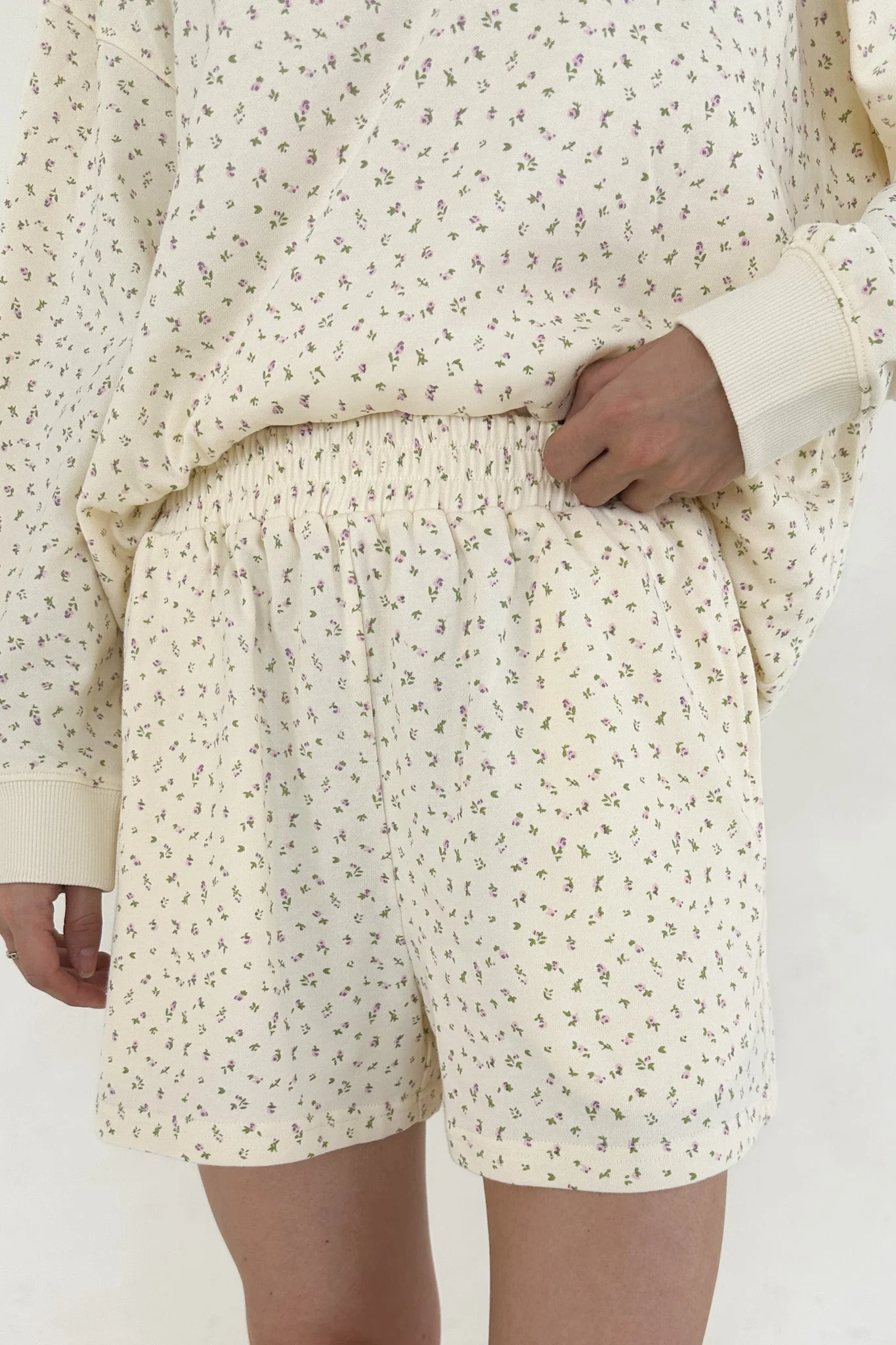 Fleur Cream Ditsy Floral French Terry Lounge Shorts - Image 2