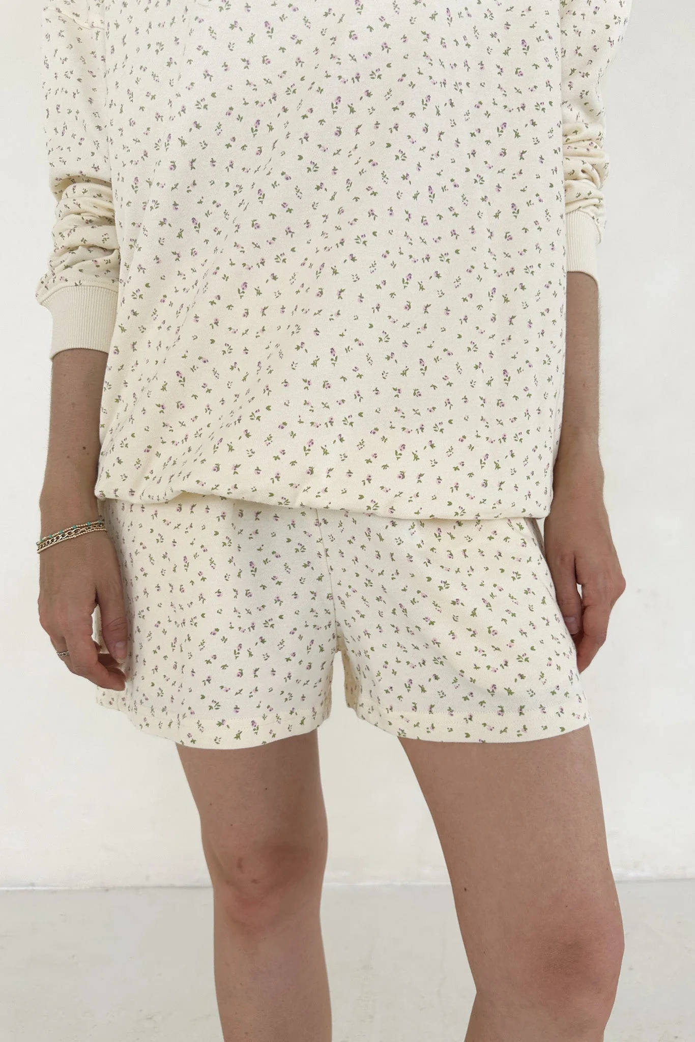 Fleur Cream Ditsy Floral French Terry Lounge Shorts - Image 3