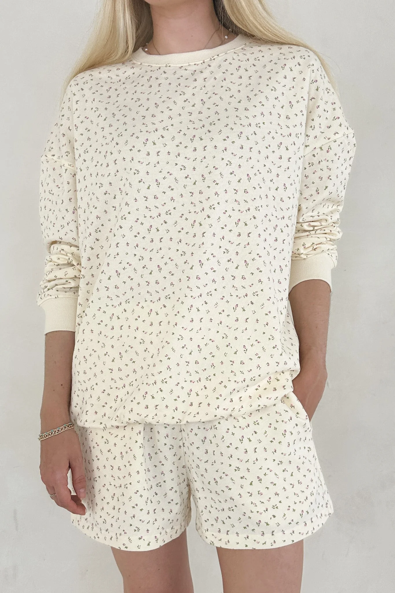 Fleur Cream Ditsy Floral French Terry Lounge Shorts - Image 6