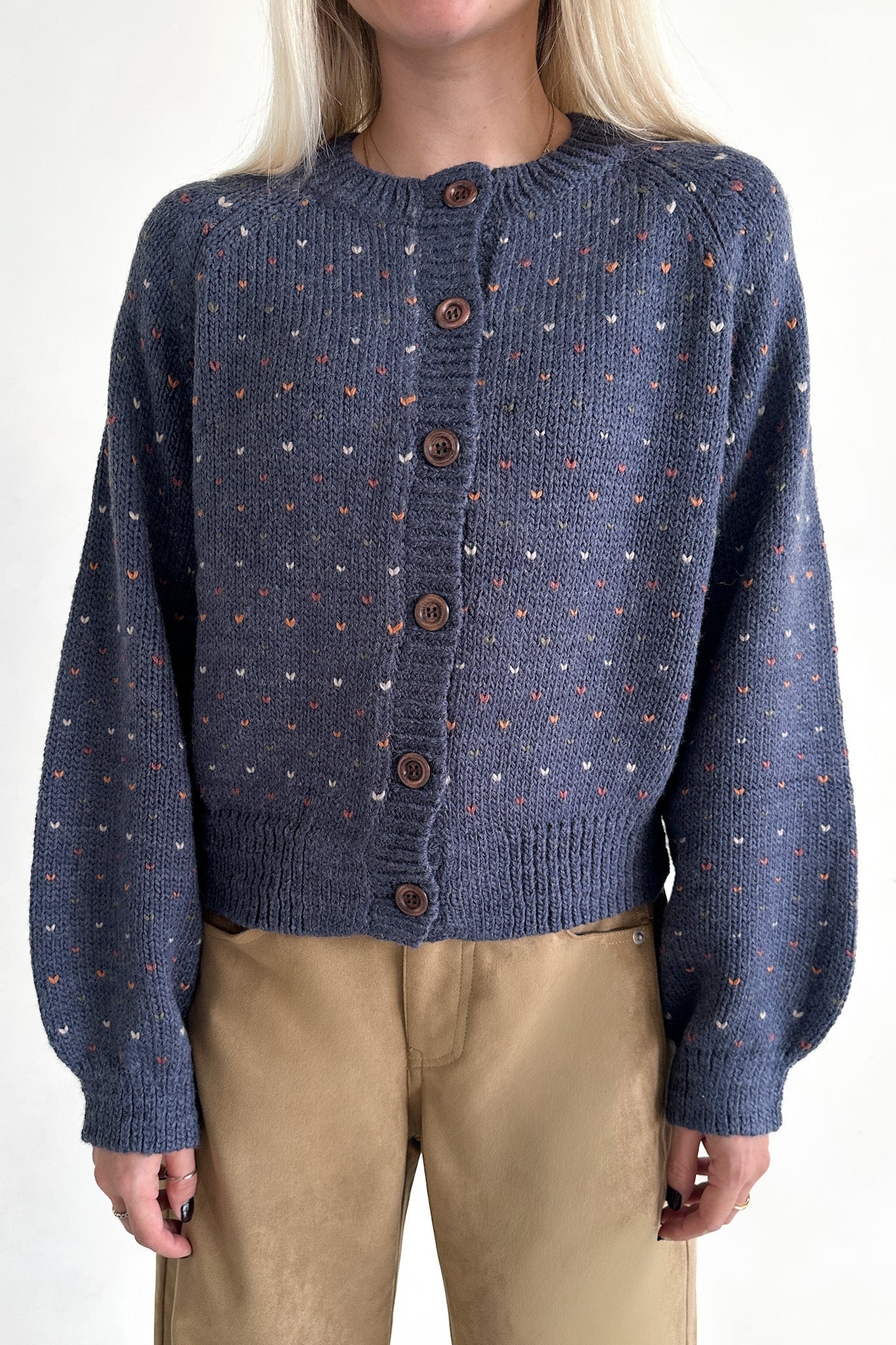 Flutter Button Down Hearts Cardigan in Navy