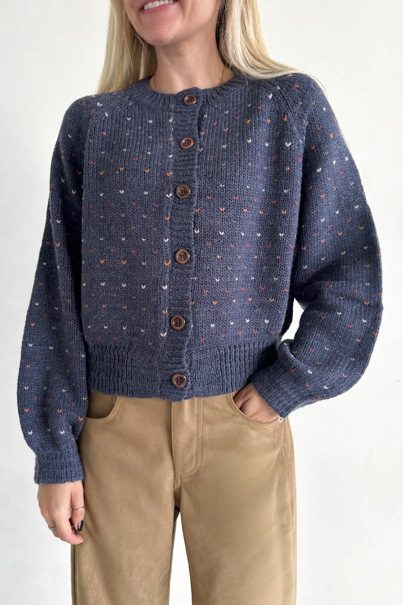 Flutter Button Down Hearts Cardigan in Navy - Image 3