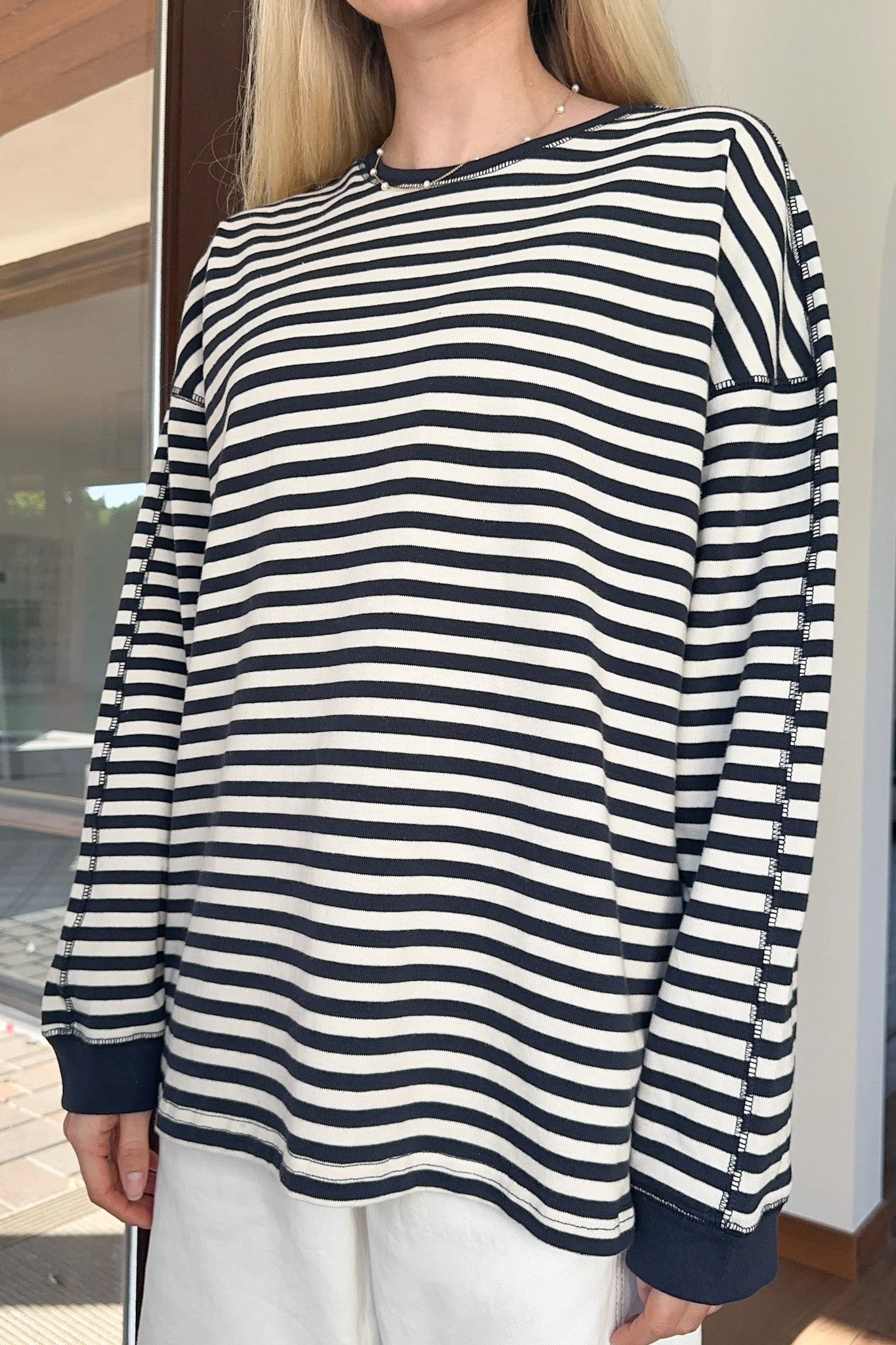 Frankie Cotton Striped Pullover Top in Navy - Image 2