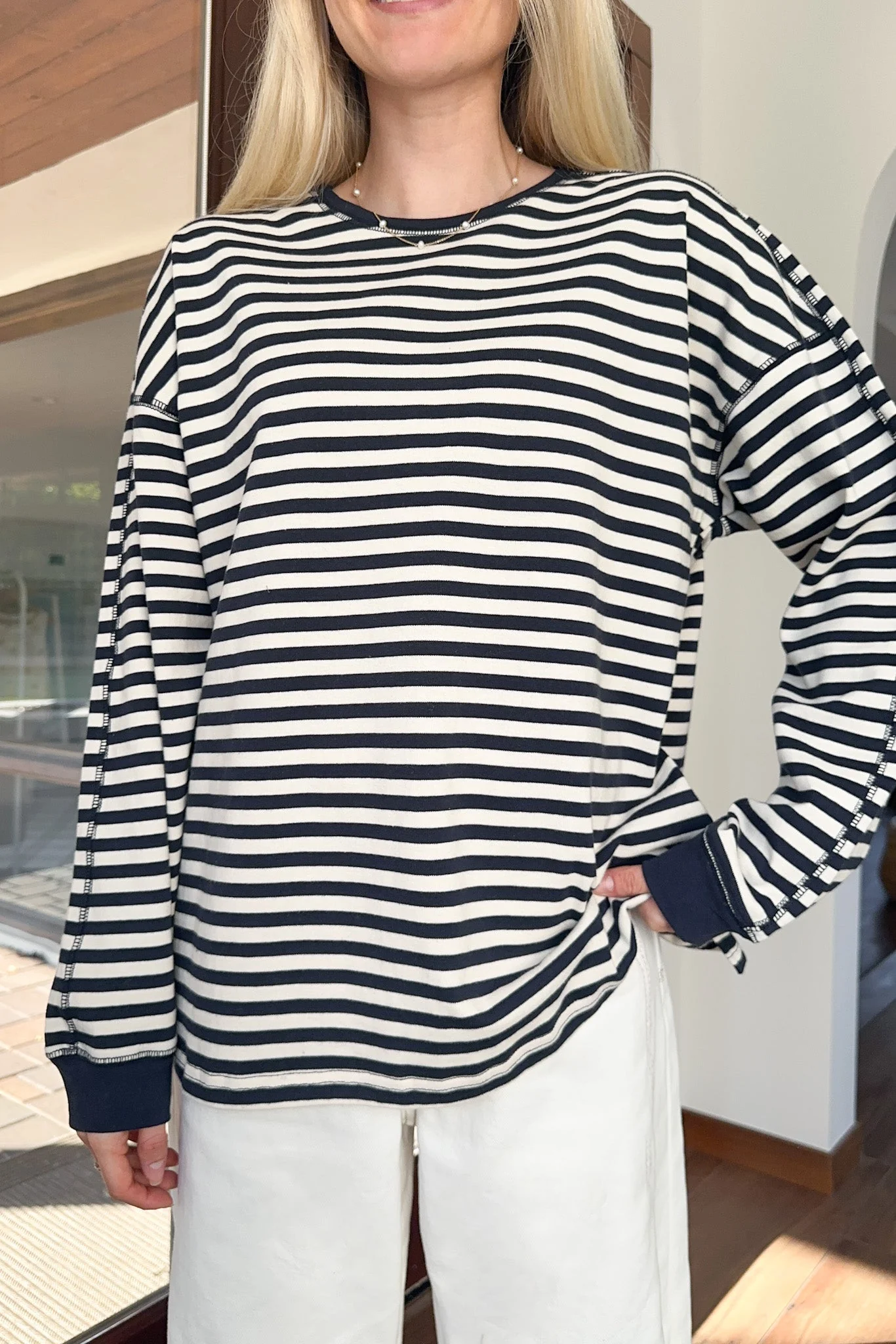 Frankie Cotton Striped Pullover Top in Navy - Image 5
