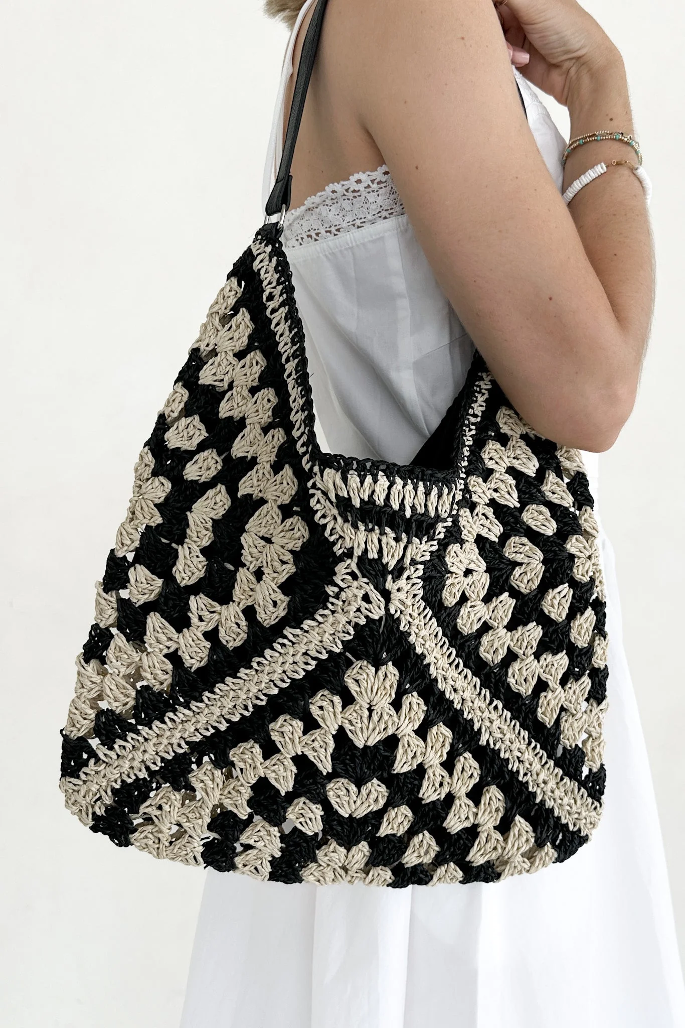 Getaway Crochet Shoulder Bag in Black and Natural