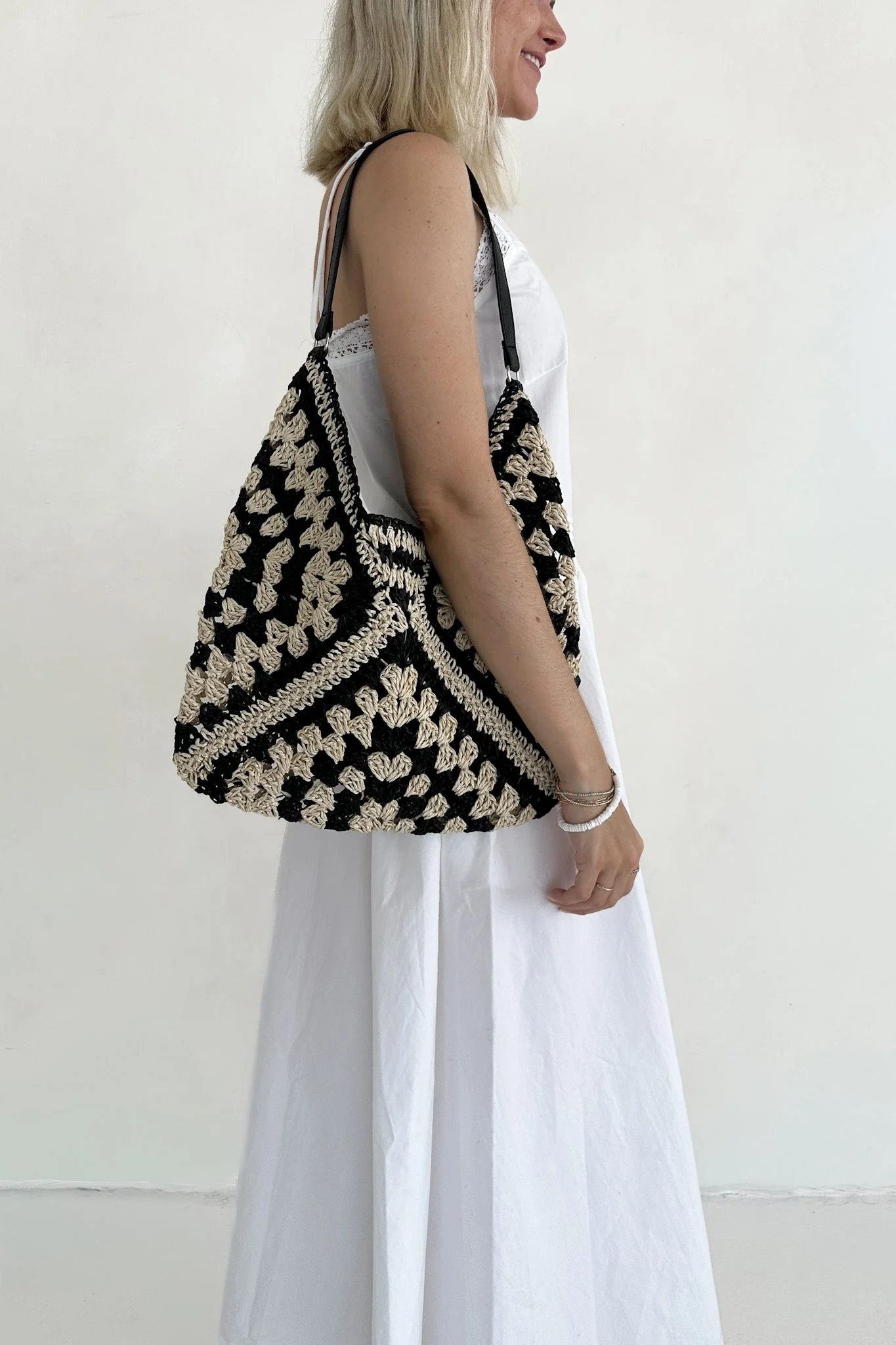 Getaway Crochet Shoulder Bag in Black and Natural - Image 3