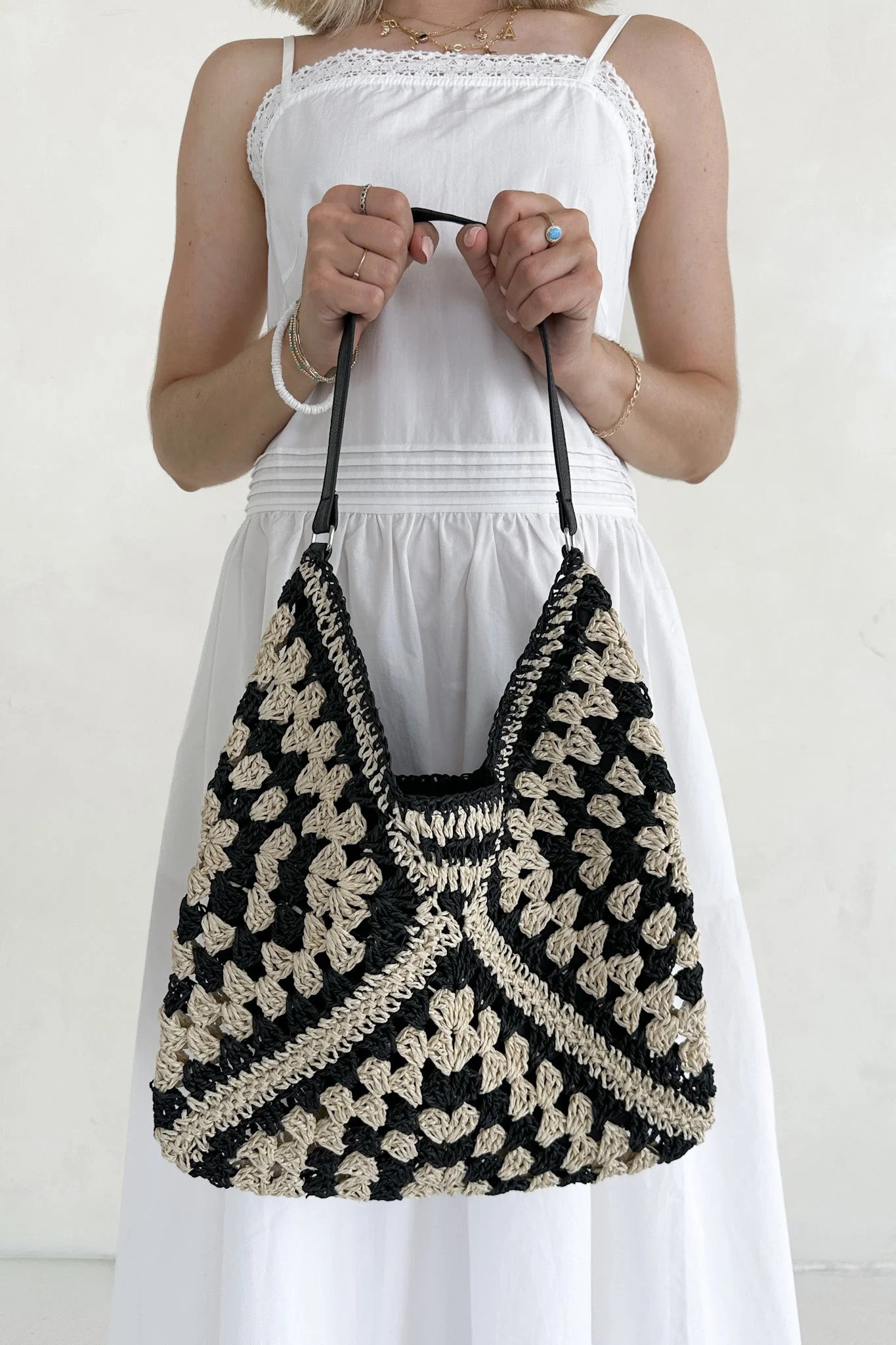 Getaway Crochet Shoulder Bag in Black and Natural - Image 4