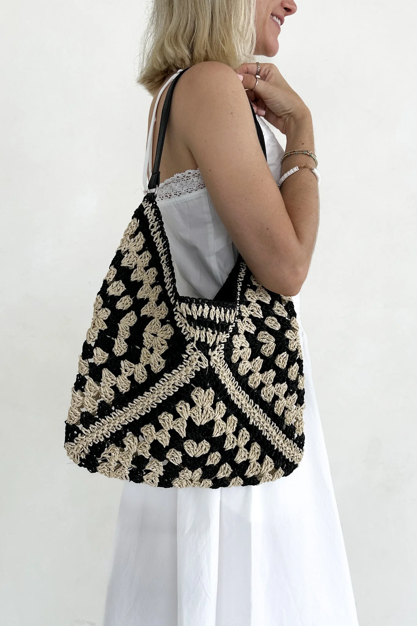 Getaway Crochet Shoulder Bag in Black and Natural - Image 5