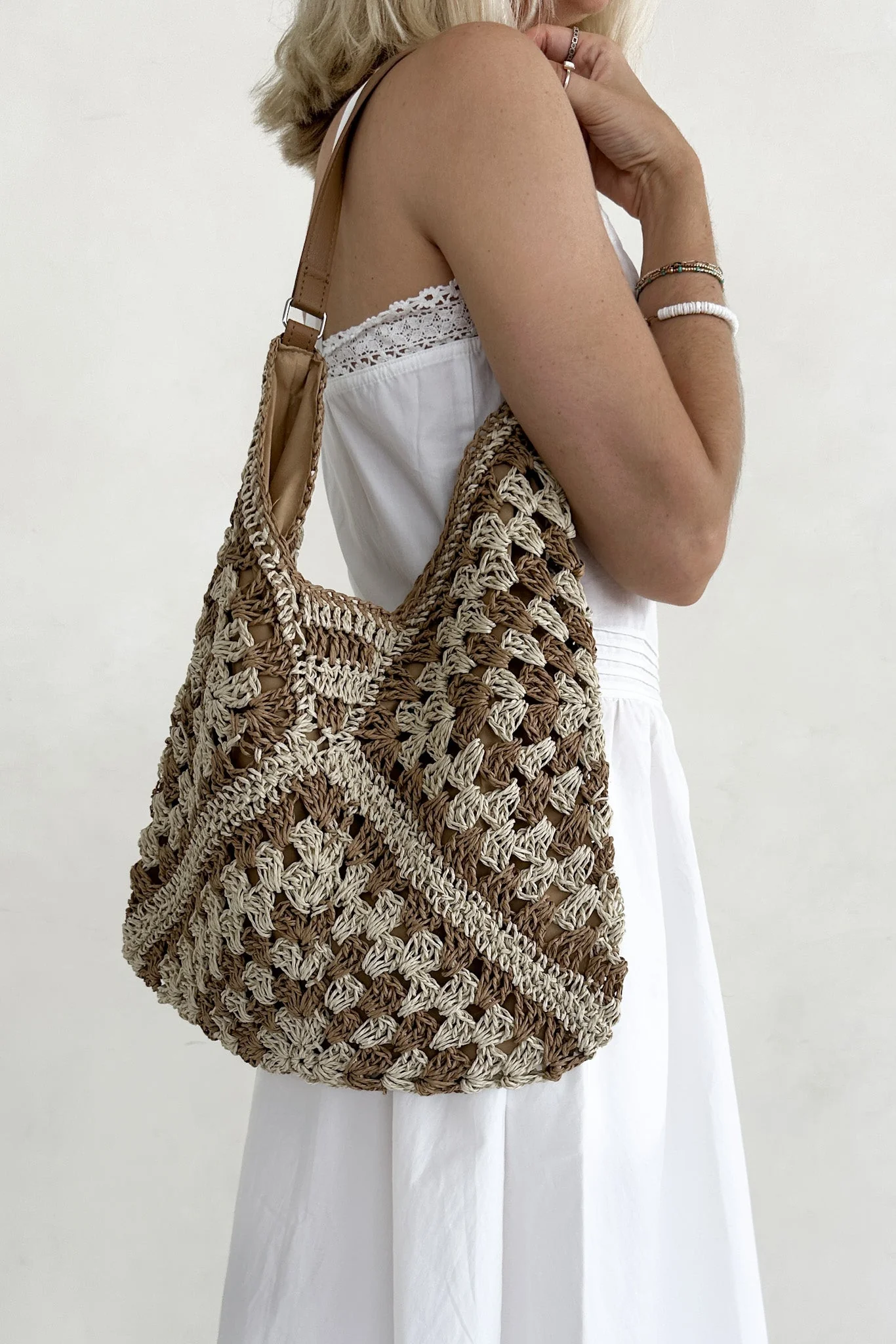 Getaway Crochet Shoulder Bag in Natural and Tan - Image 3