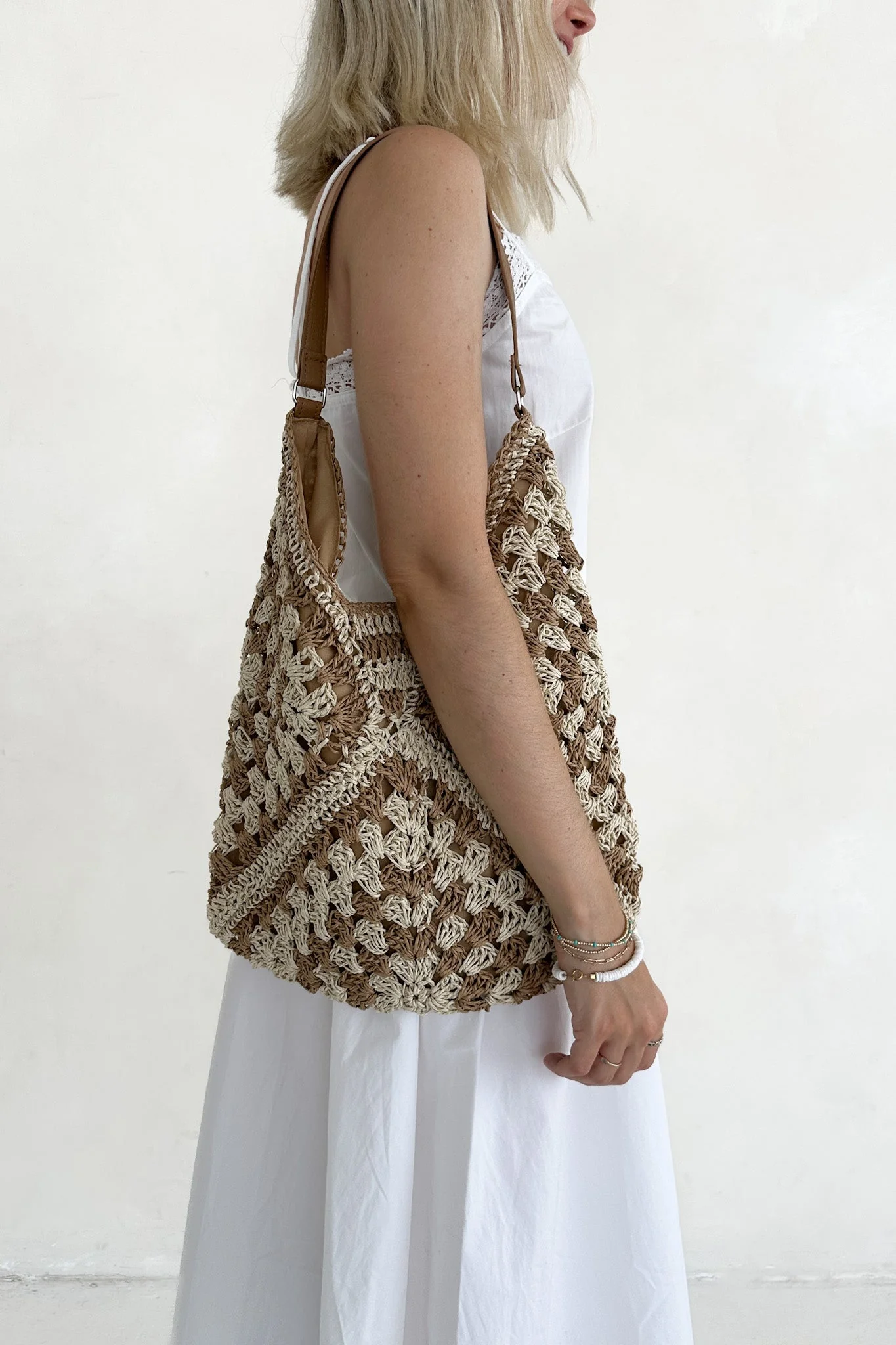 Getaway Crochet Shoulder Bag in Natural and Tan - Image 4