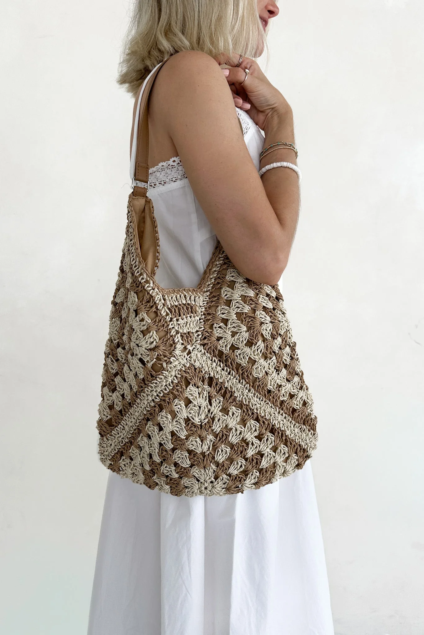 Getaway Crochet Shoulder Bag in Natural and Tan - Image 5