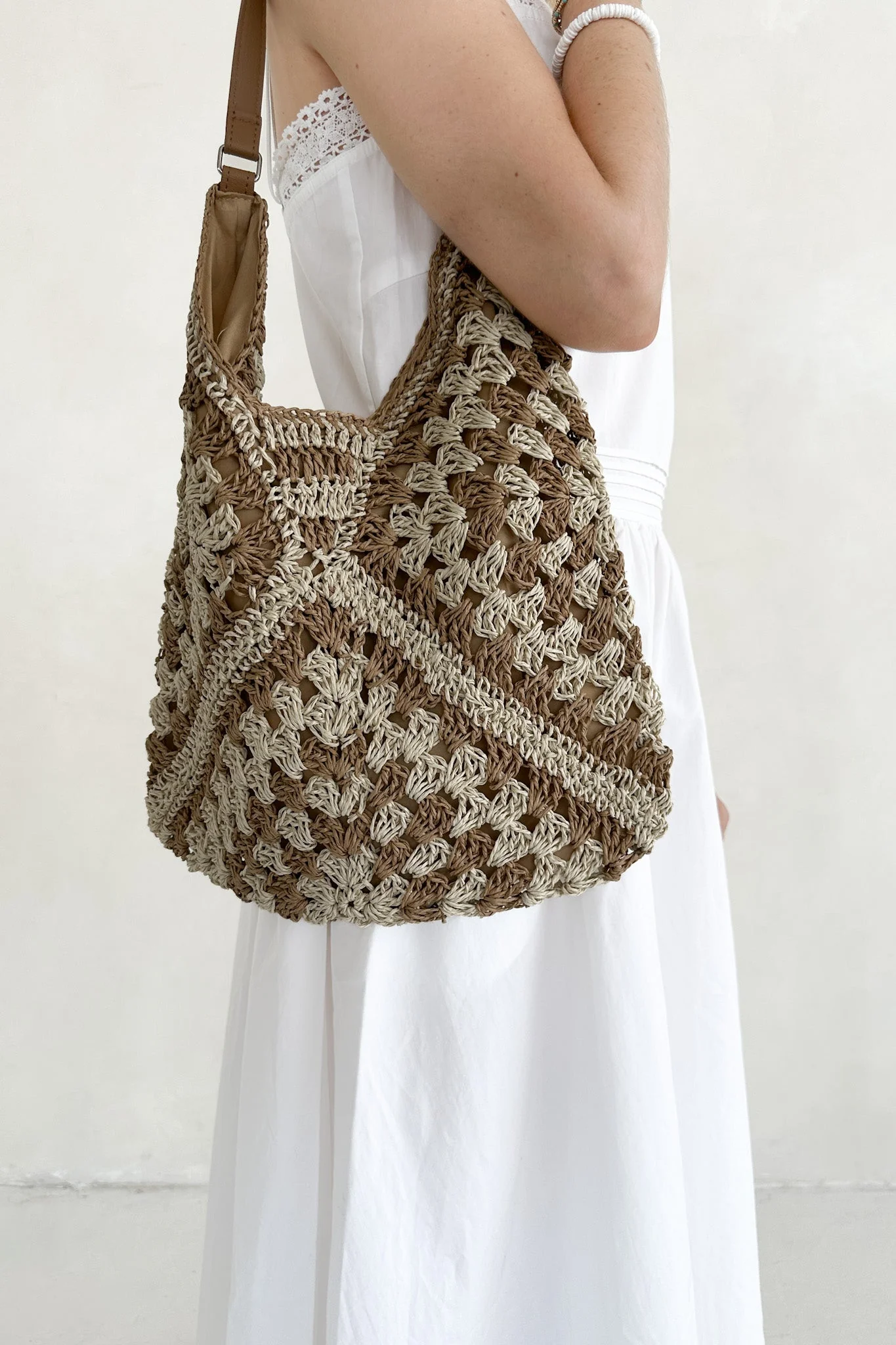 Getaway Crochet Shoulder Bag in Natural and Tan - Image 7