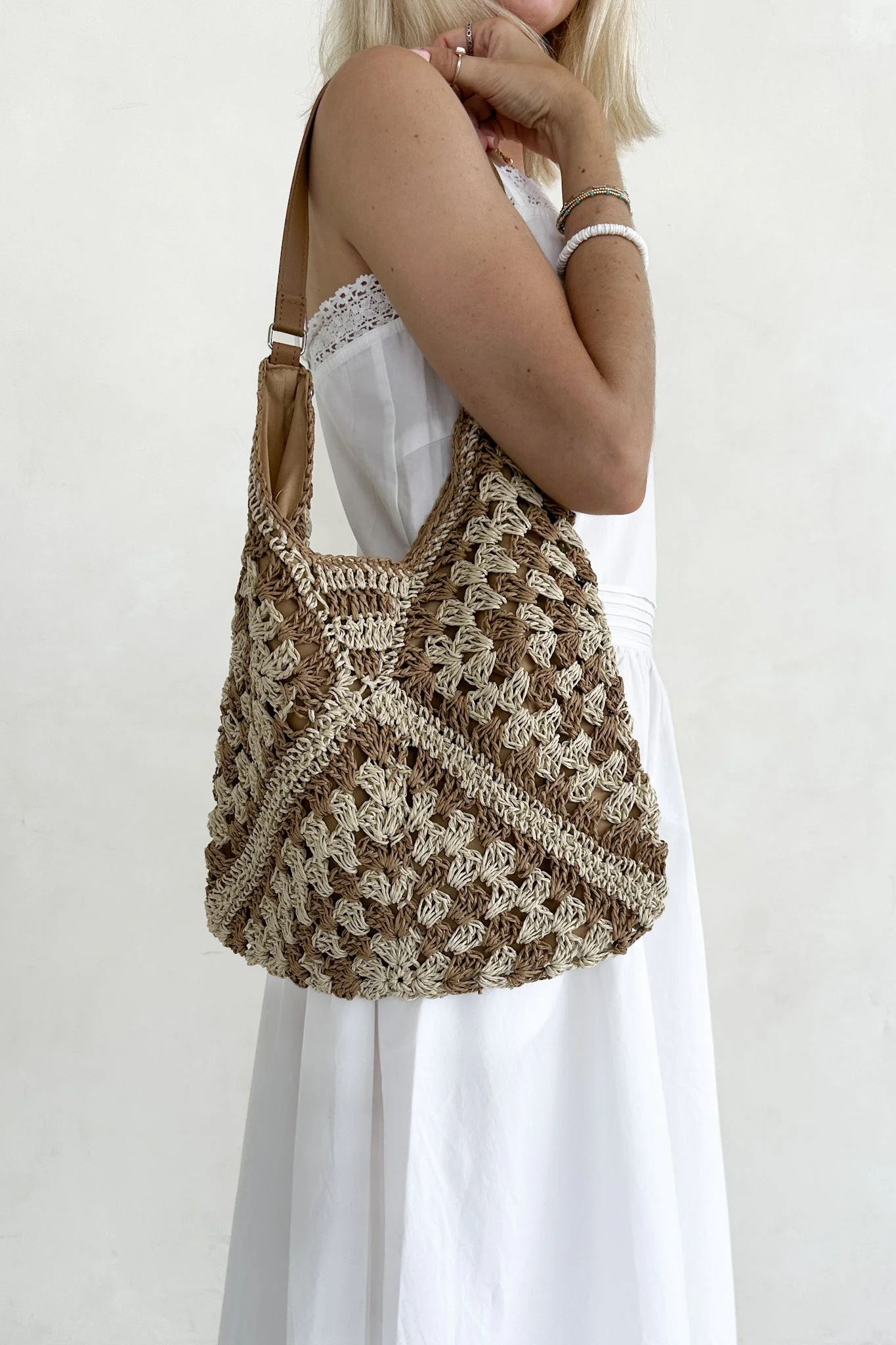 Getaway Crochet Shoulder Bag in Natural and Tan - Image 8