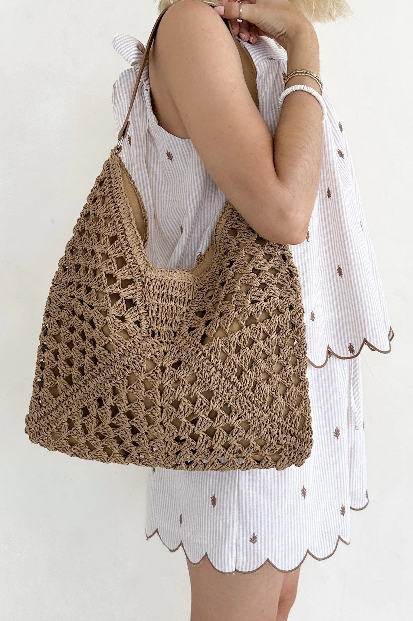 Getaway Crochet Shoulder Bag in Tan - Image 3