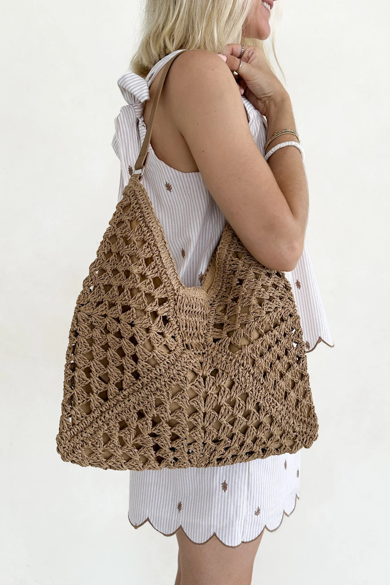 Getaway Crochet Shoulder Bag in Tan - Image 5