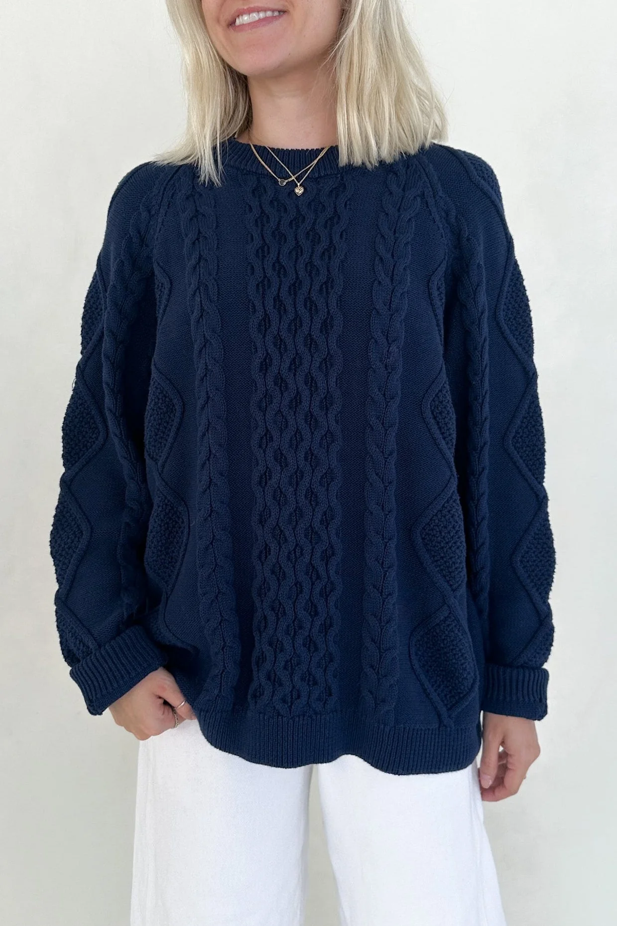 Gilmore Oversized Cotton Cable Knit Sweater in Navy
