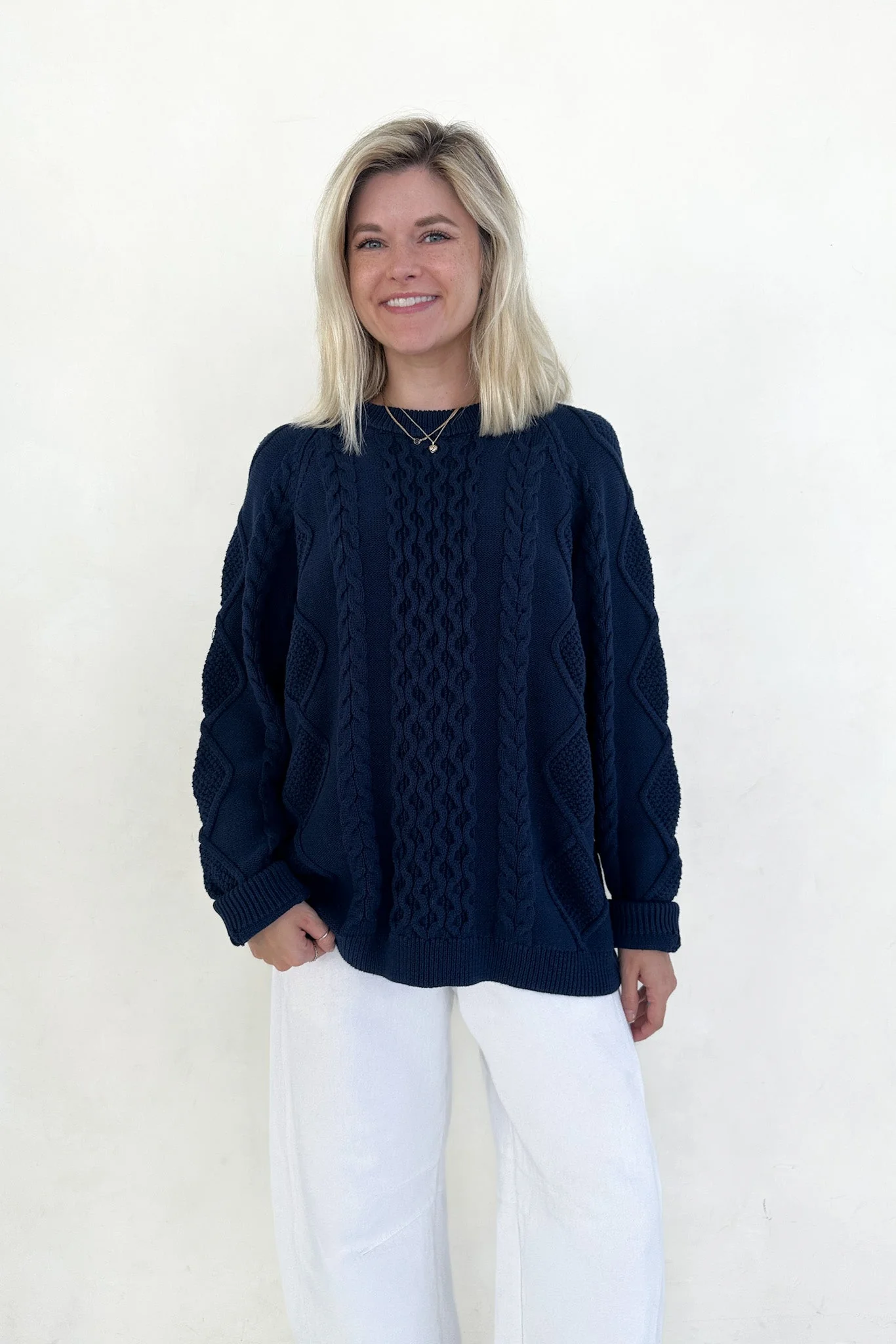 Gilmore Oversized Cotton Cable Knit Sweater in Navy - Image 2