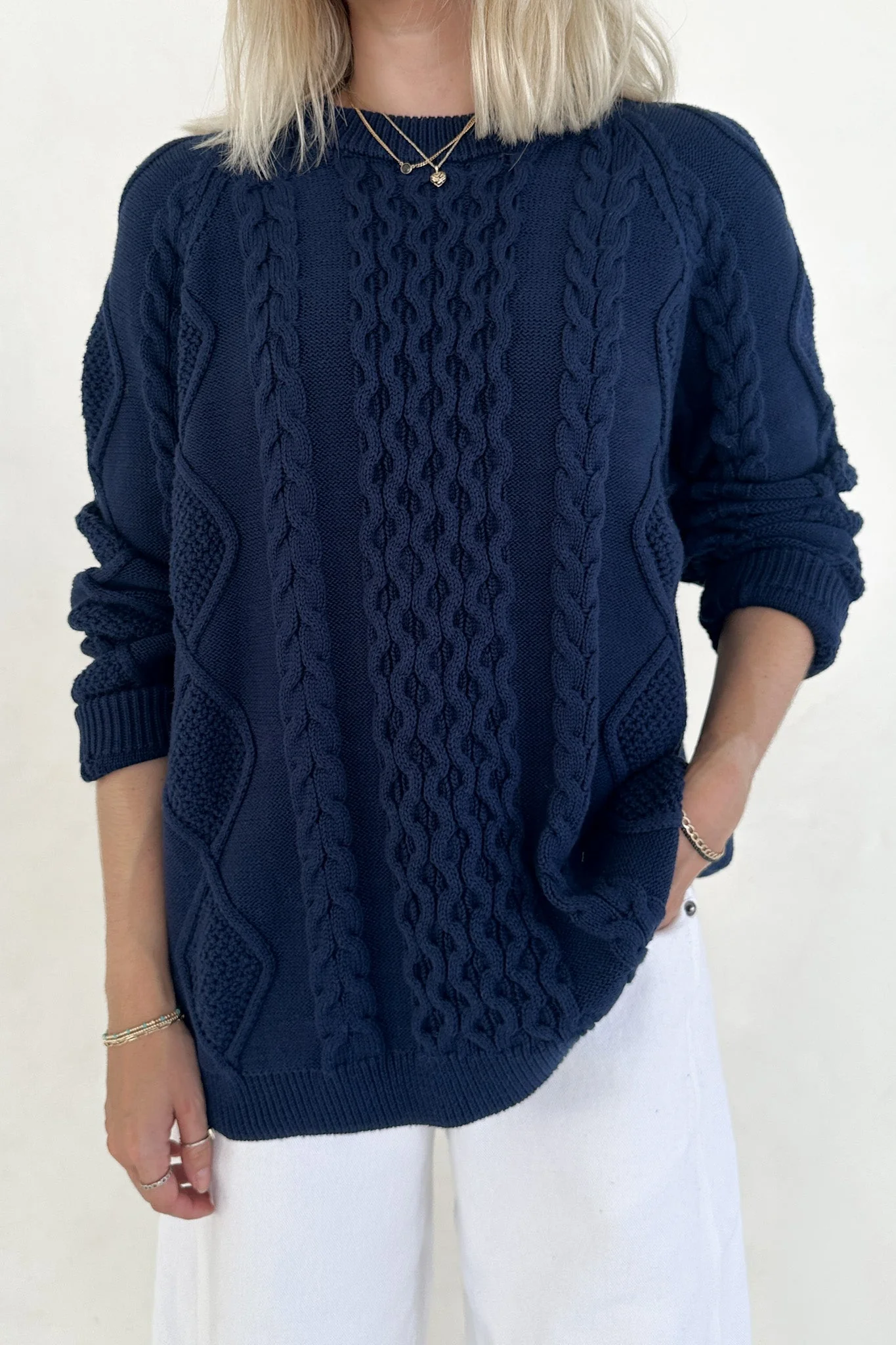 Gilmore Oversized Cotton Cable Knit Sweater in Navy - Image 3