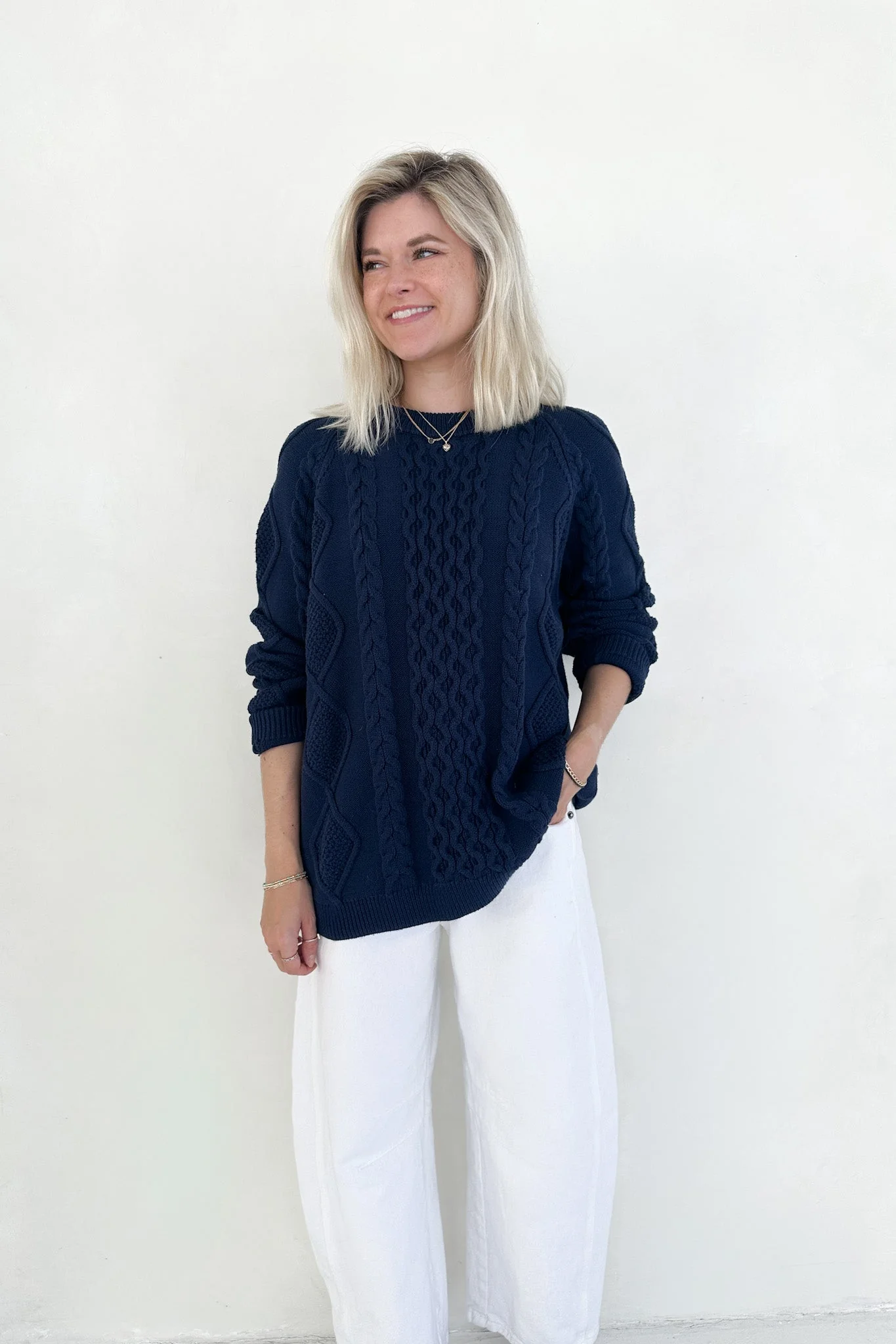 Gilmore Oversized Cotton Cable Knit Sweater in Navy - Image 5