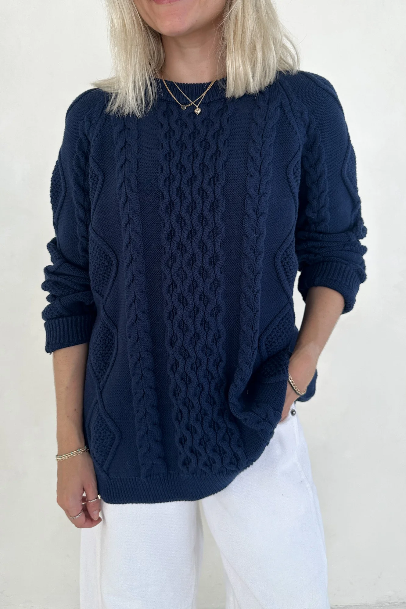 Gilmore Oversized Cotton Cable Knit Sweater in Navy - Image 6