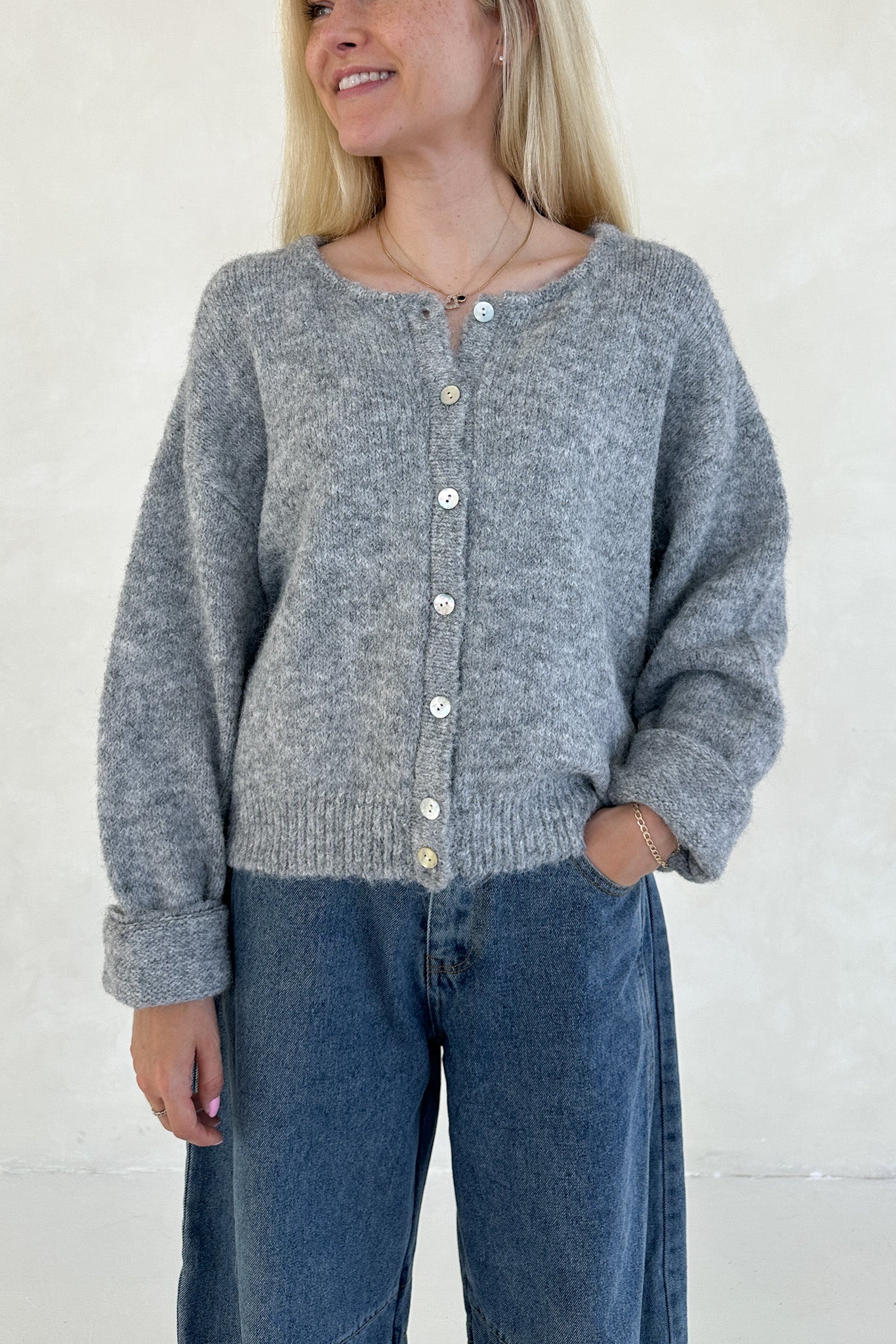 Grace Button Down Cardigan in Heather Grey - Image 3