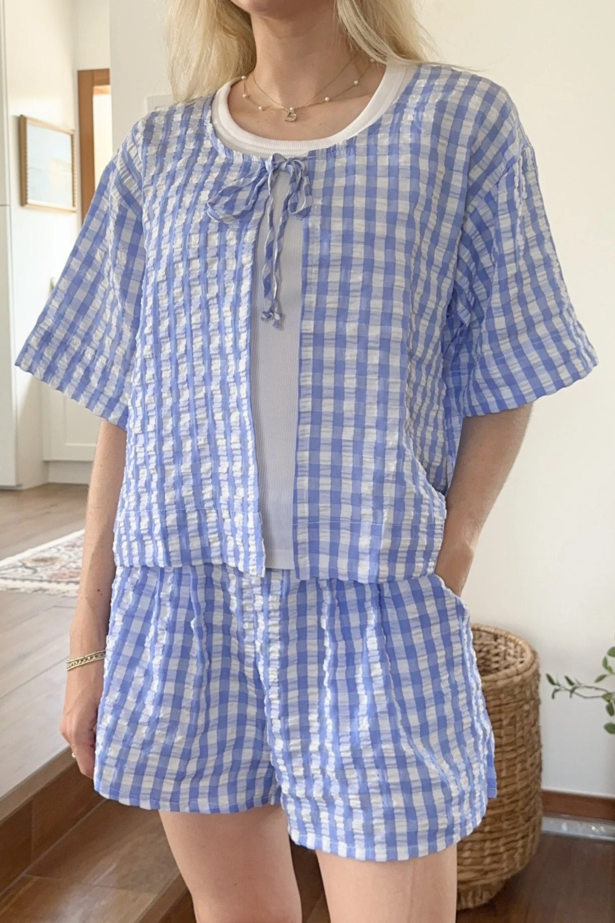 Gracie Gingham Checkered Tie Front Top