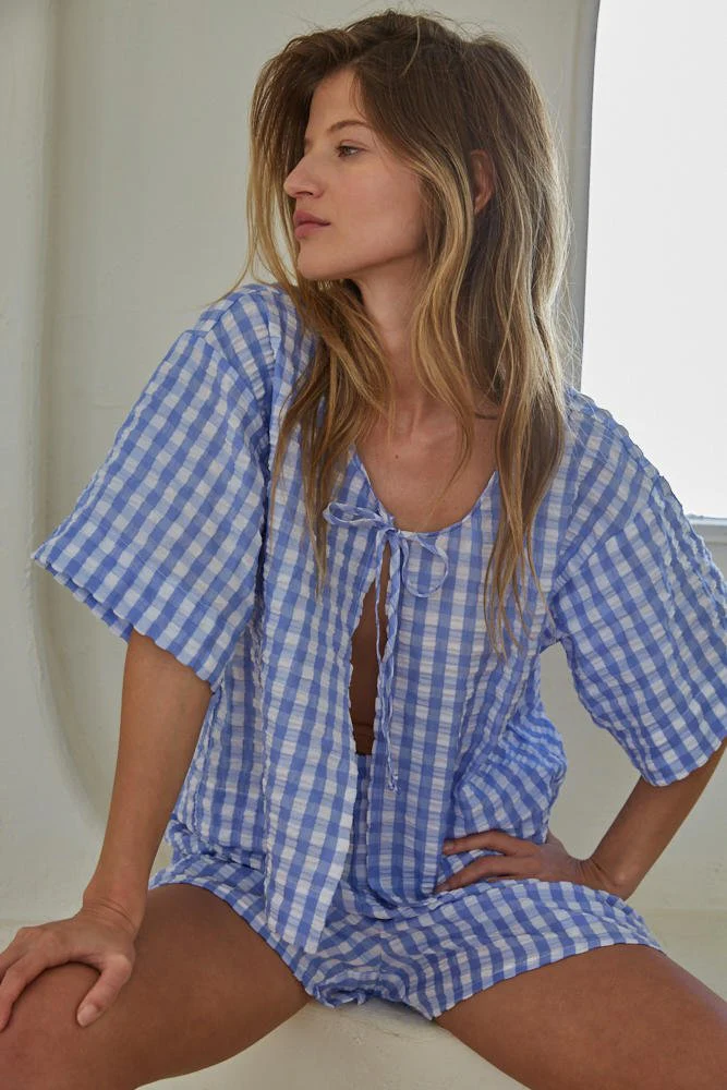 Gracie Gingham Checkered Tie Front Top - Image 7
