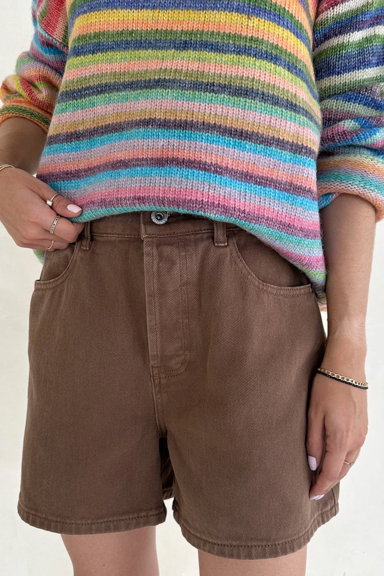 Hallie Classic A-line Denim Shorts in Mocha - Image 3