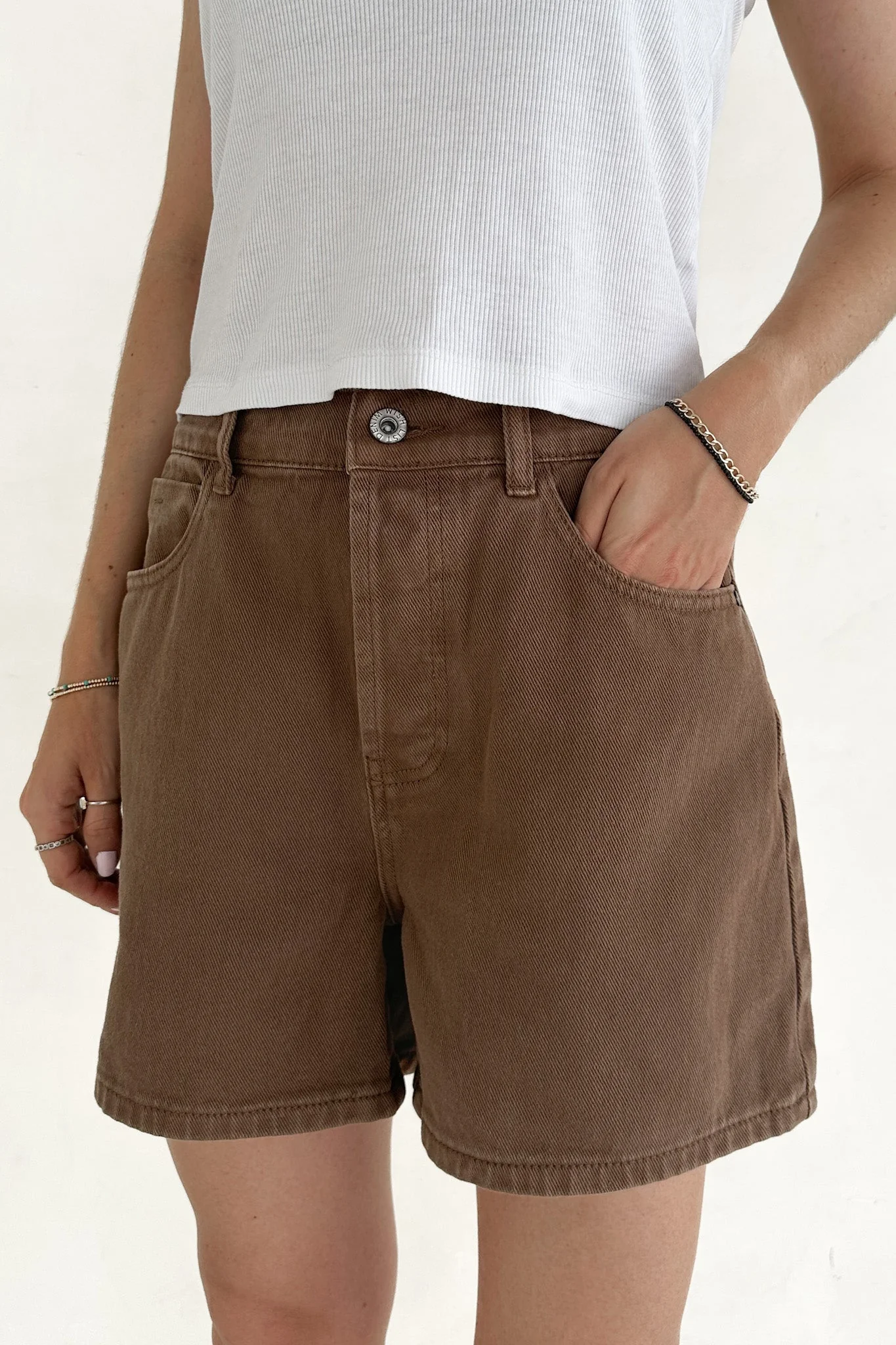 Hallie Classic A-line Denim Shorts in Mocha - Image 5
