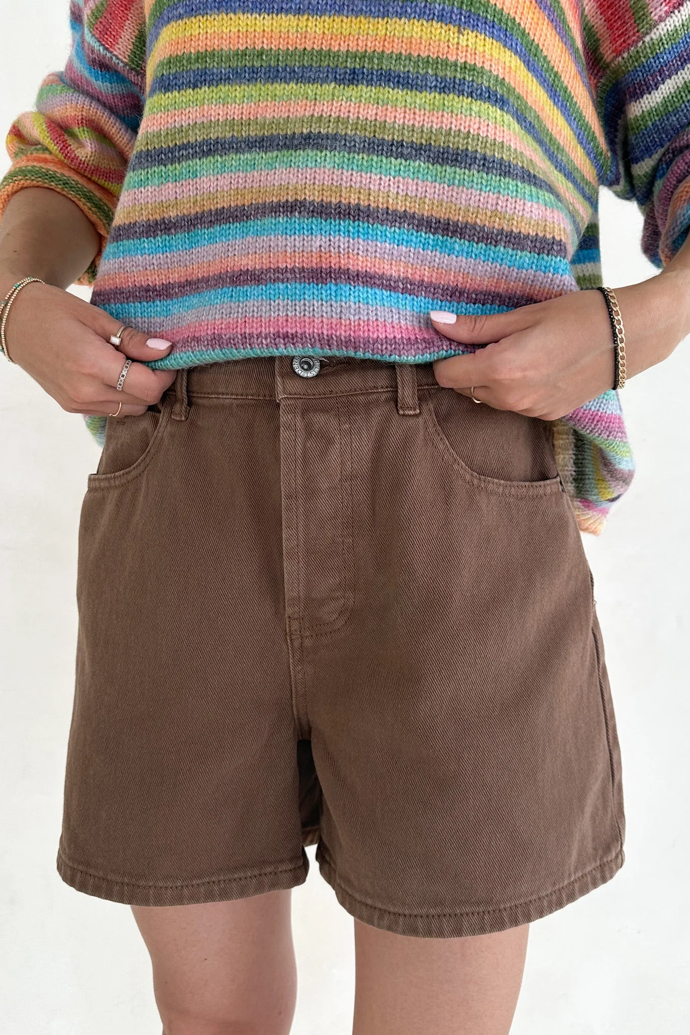 Hallie Classic A-line Denim Shorts in Mocha - Image 8