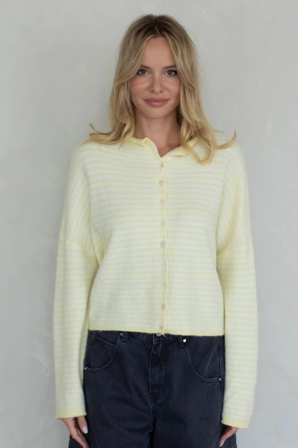 Haven Mini Striped Cardigan in Butter Yellow and White - Image 3