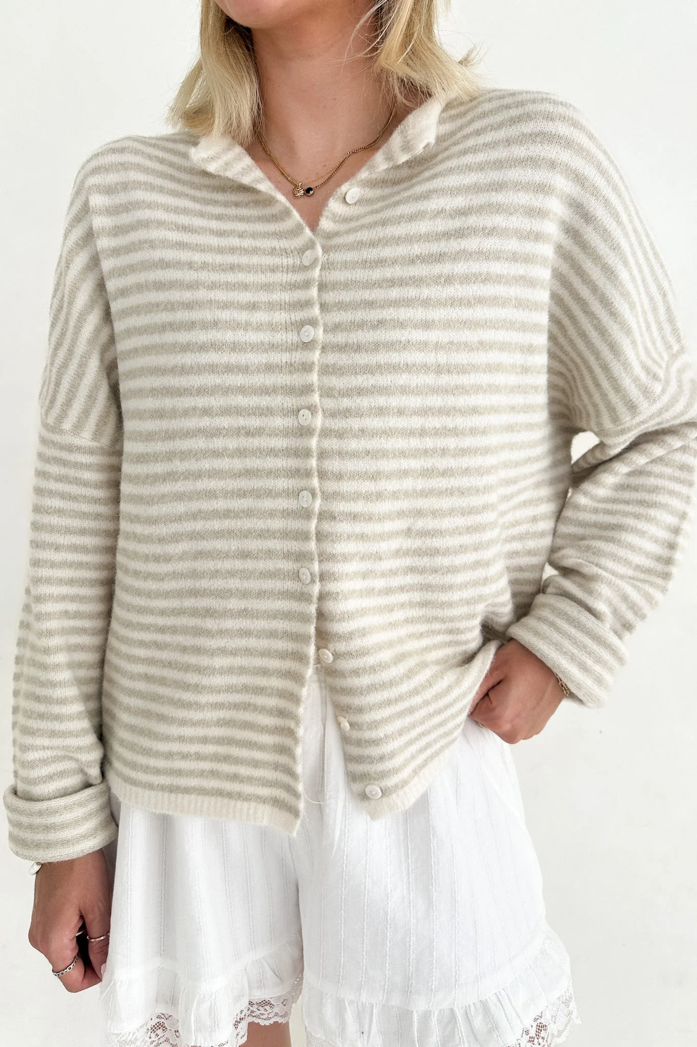 Haven Mini Striped Cardigan in Tan and Cream - Image 2