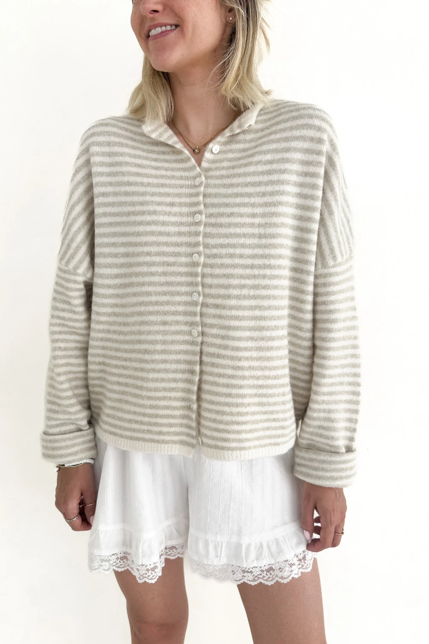 Haven Mini Striped Cardigan in Tan and Cream - Image 3