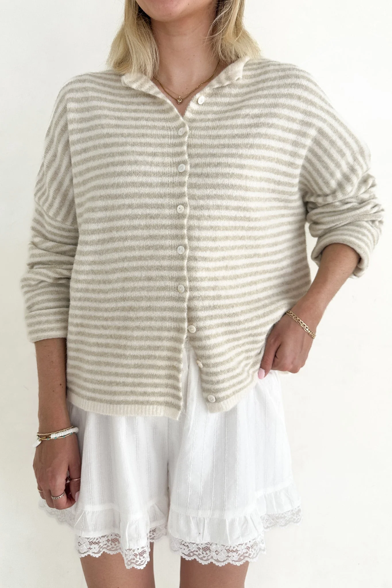 Haven Mini Striped Cardigan in Tan and Cream - Image 4