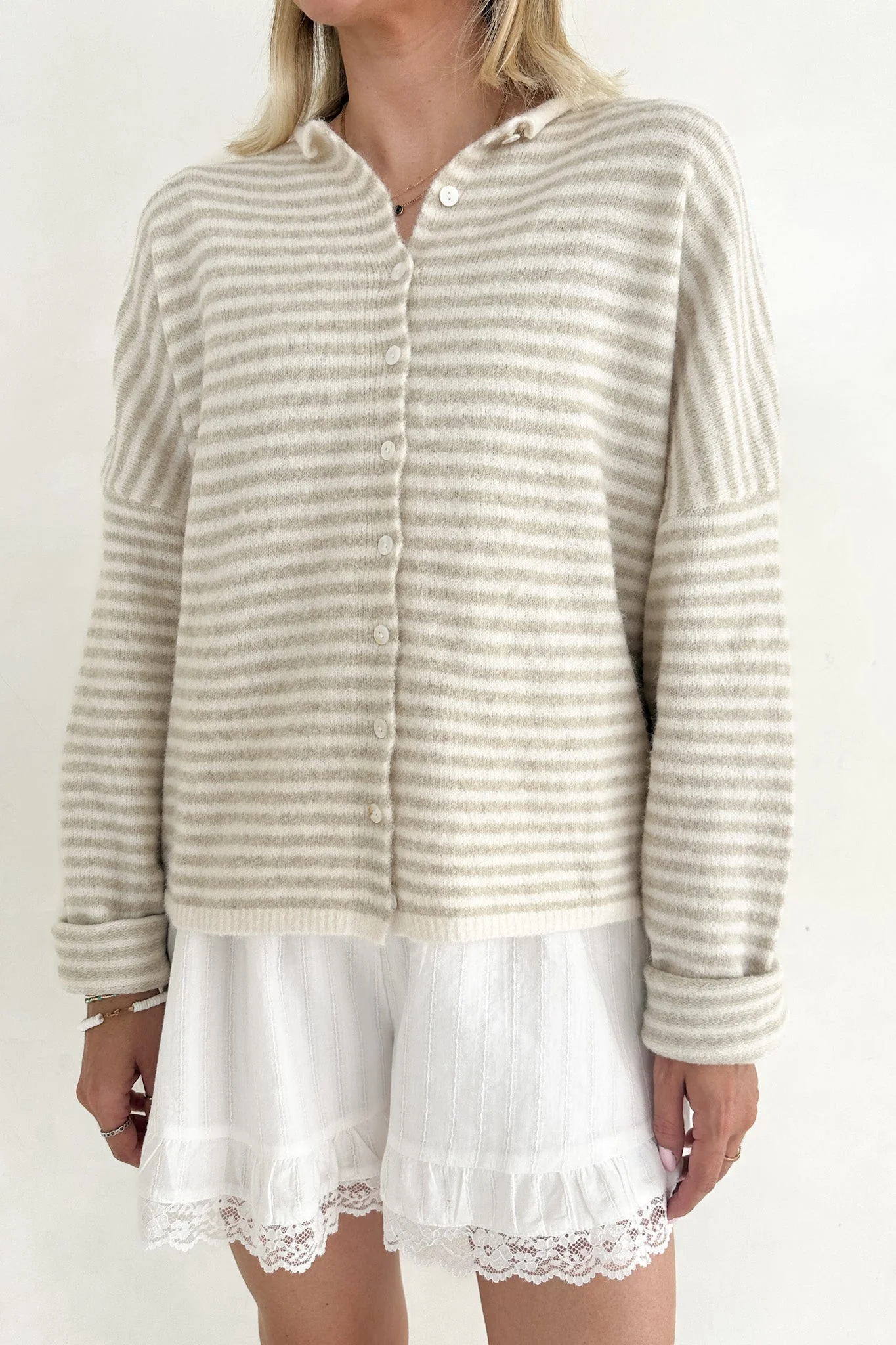 Haven Mini Striped Cardigan in Tan and Cream - Image 6