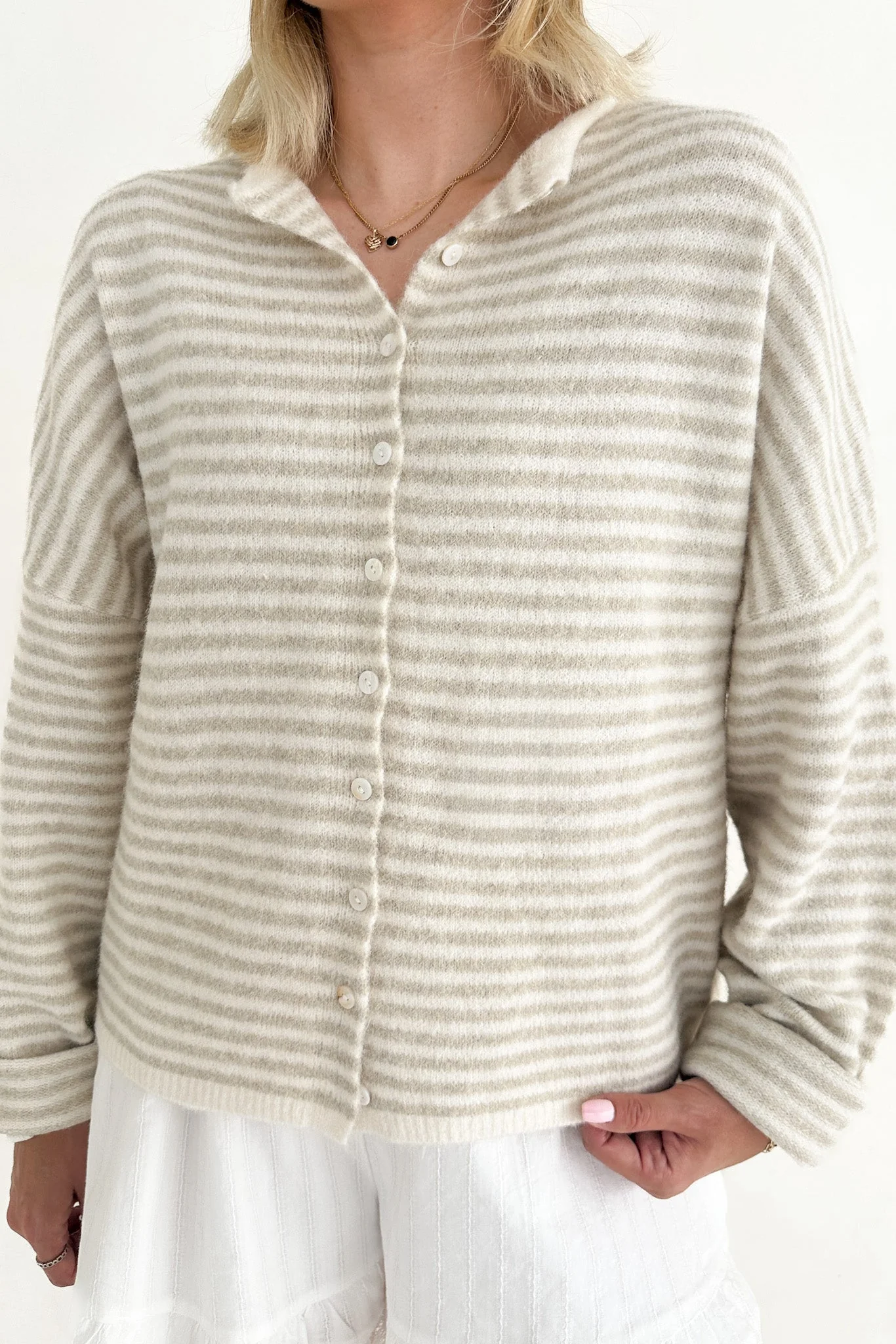 Haven Mini Striped Cardigan in Tan and Cream - Image 7