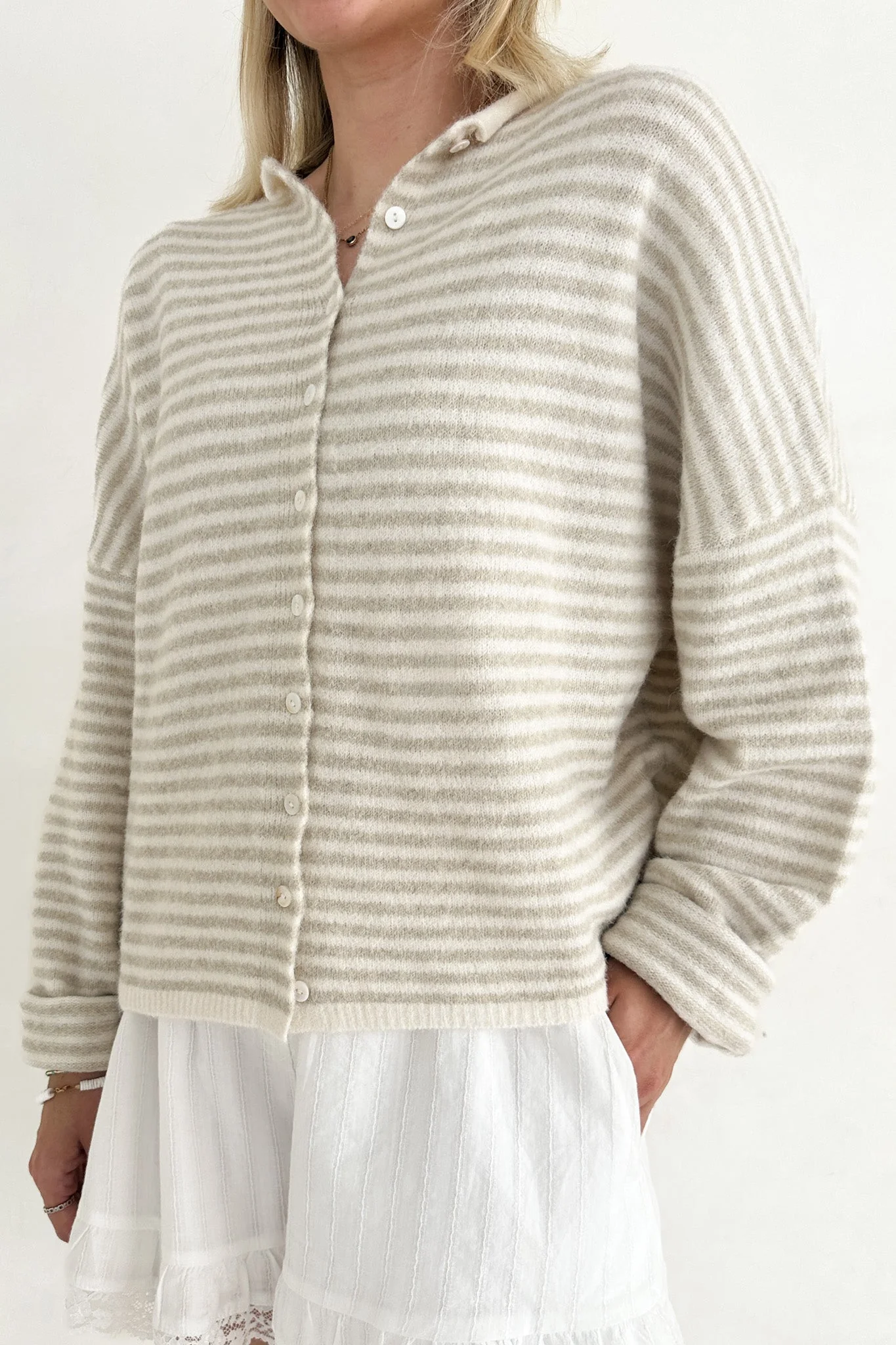 Haven Mini Striped Cardigan in Tan and Cream - Image 8