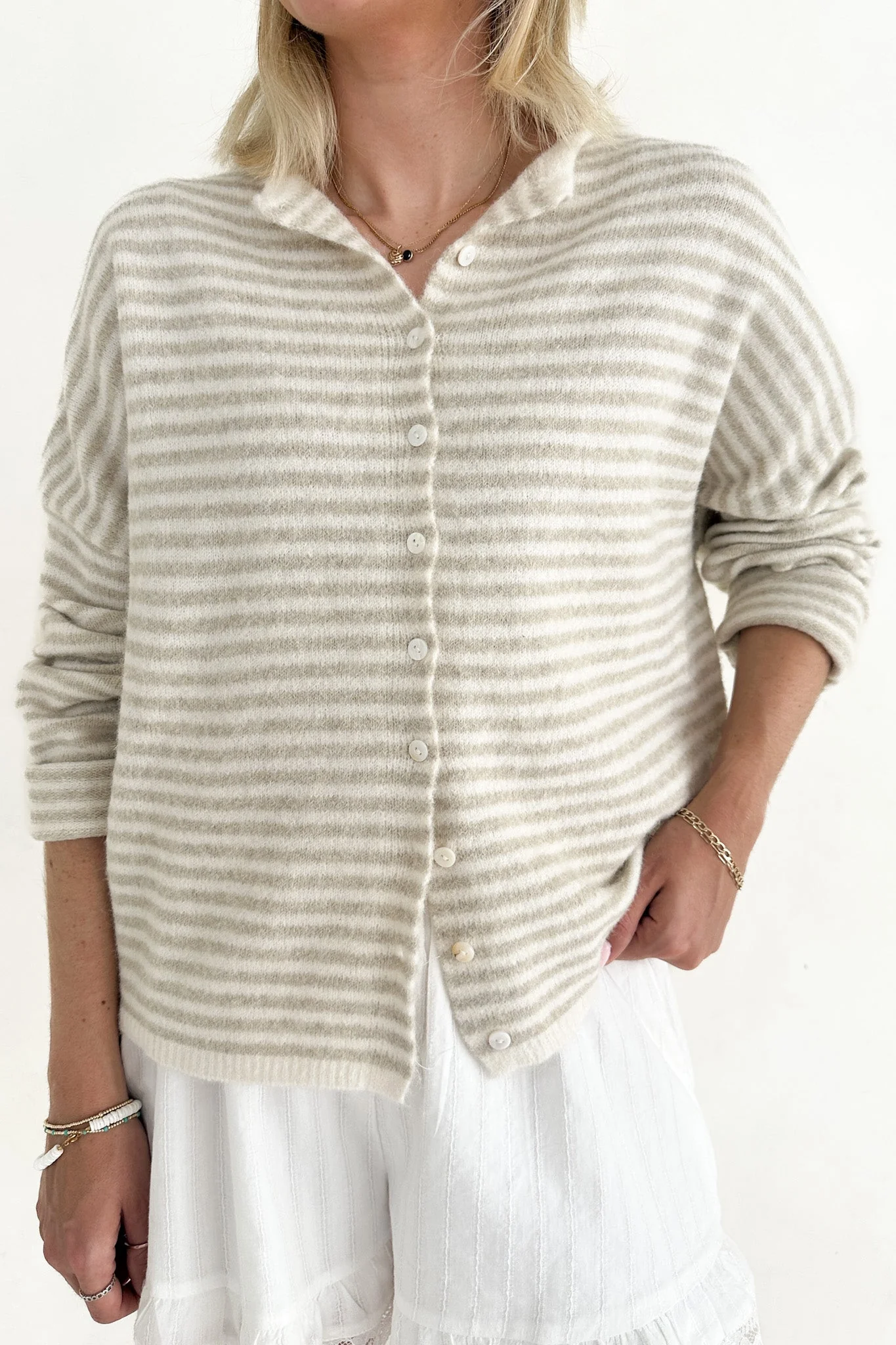 Haven Mini Striped Cardigan in Tan and Cream - Image 9