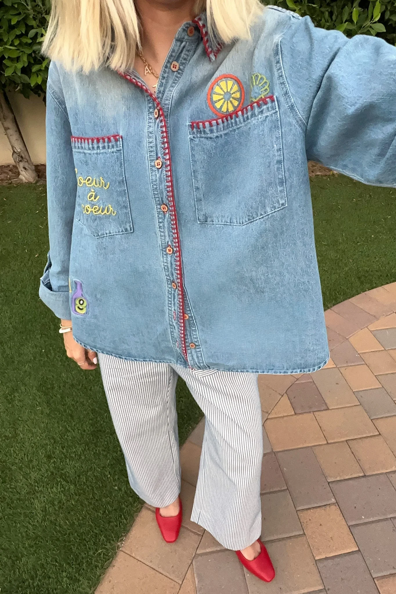 Heart to Heart Stitch Detail Denim Button Down