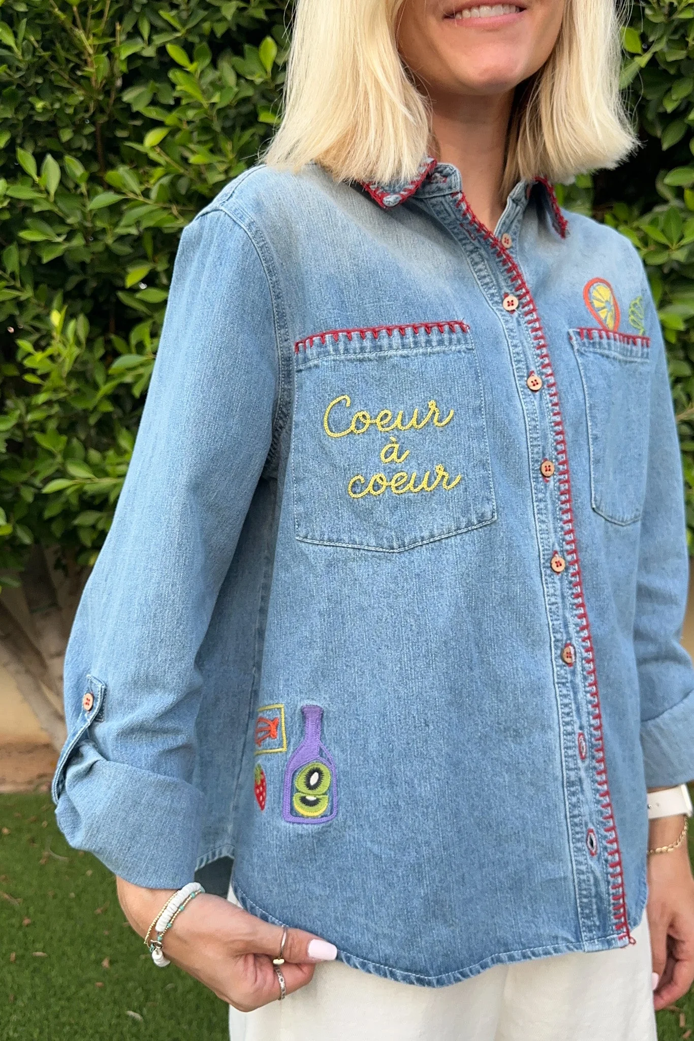 Heart to Heart Stitch Detail Denim Button Down - Image 11
