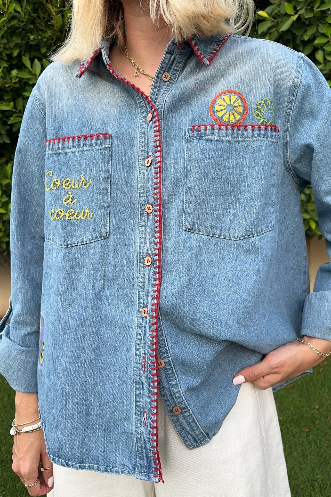 Heart to Heart Stitch Detail Denim Button Down - Image 4