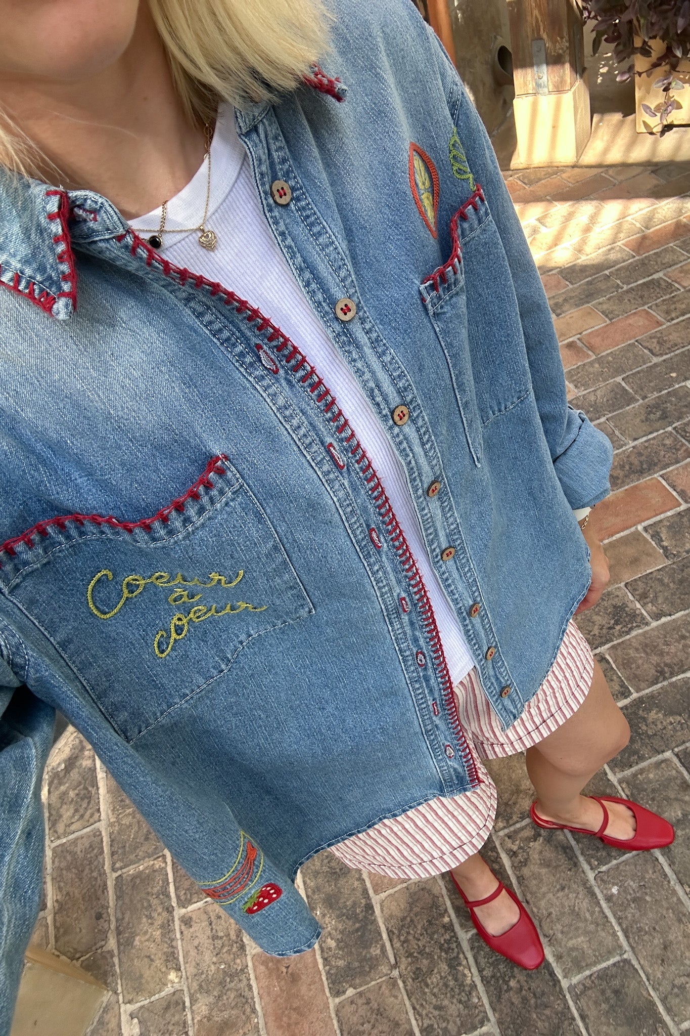 Heart to Heart Stitch Detail Denim Button Down - Image 6