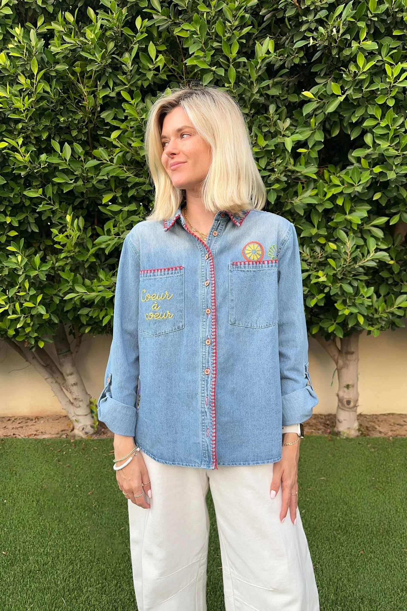 Heart to Heart Stitch Detail Denim Button Down - Image 7
