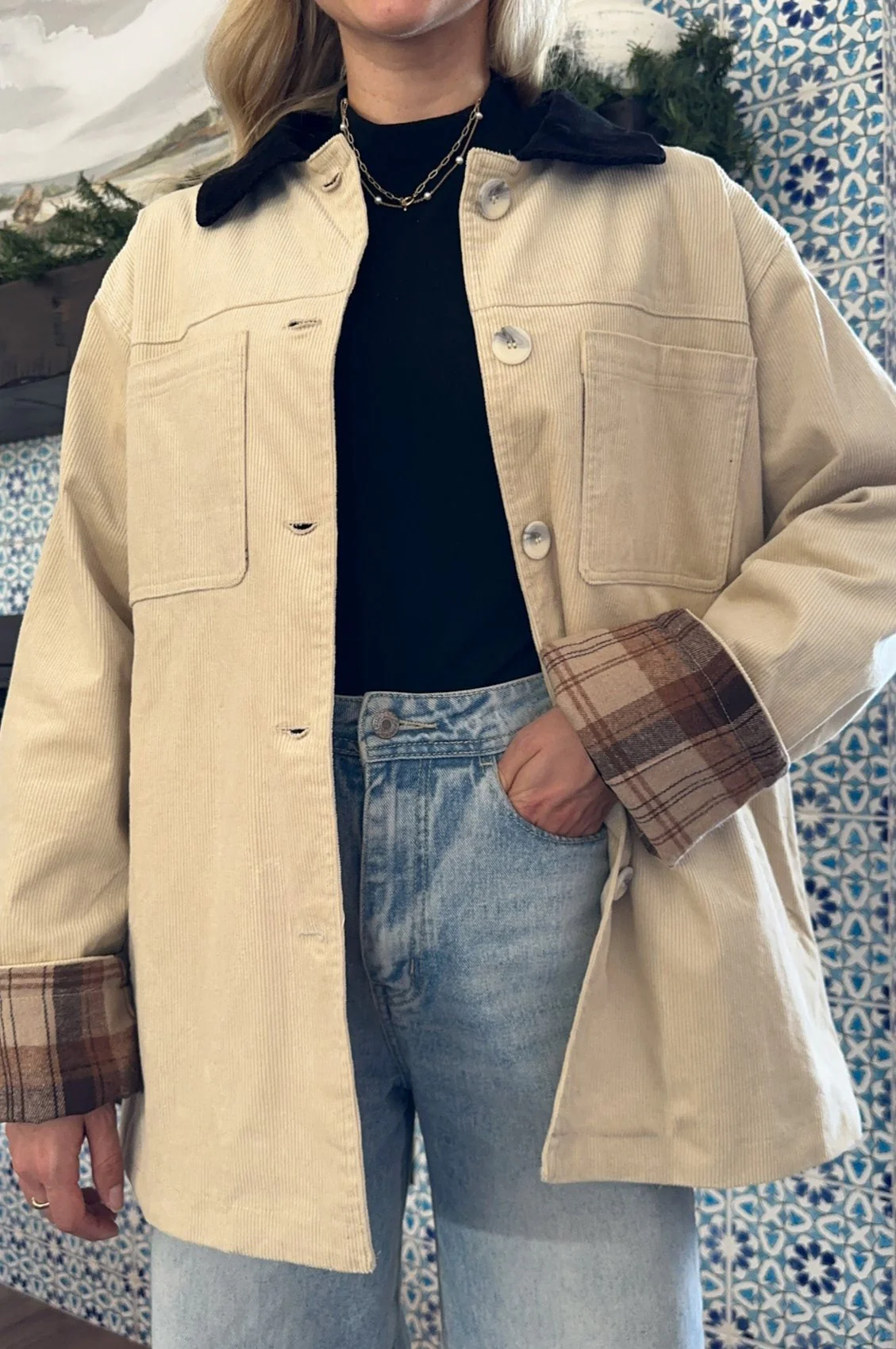 Highland Corduroy Collared Cotton Barn Jacket in Tan - Image 6