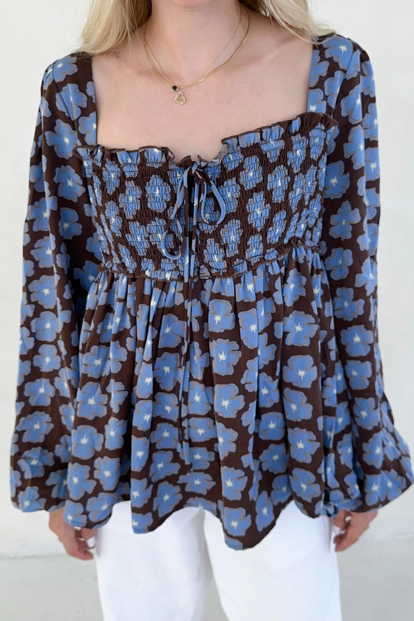 Honey Floral Print Smocked Babydoll Top