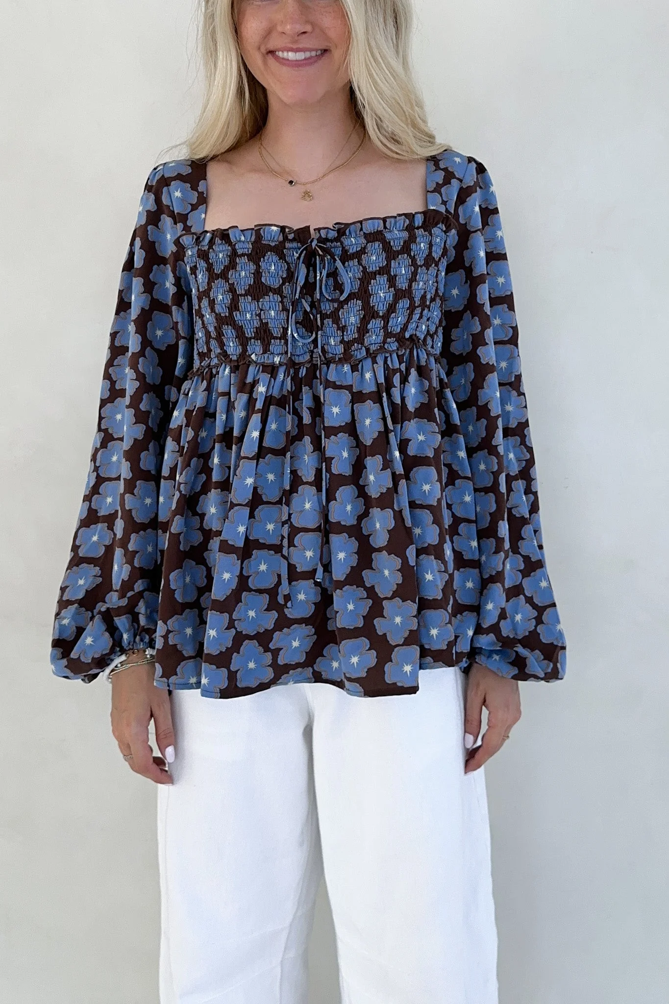 Honey Floral Print Smocked Babydoll Top - Image 5