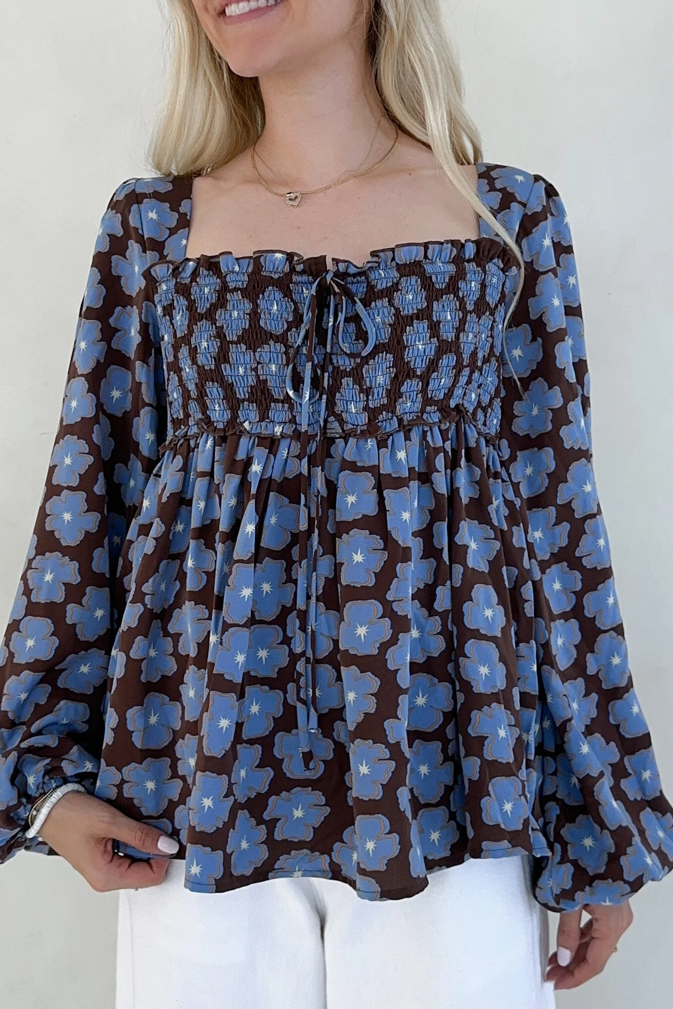 Honey Floral Print Smocked Babydoll Top - Image 6